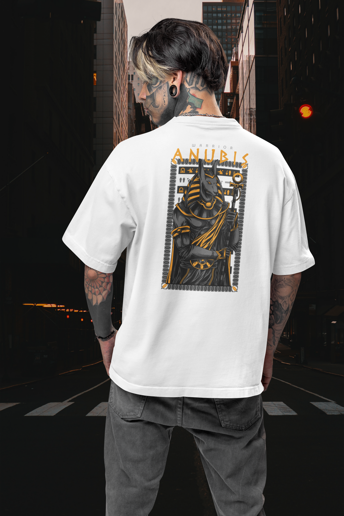 ANUBIS Warrior Streetwear Backprint - Camiseta Oversize Unisex Freestyler Bio para Adultos SH