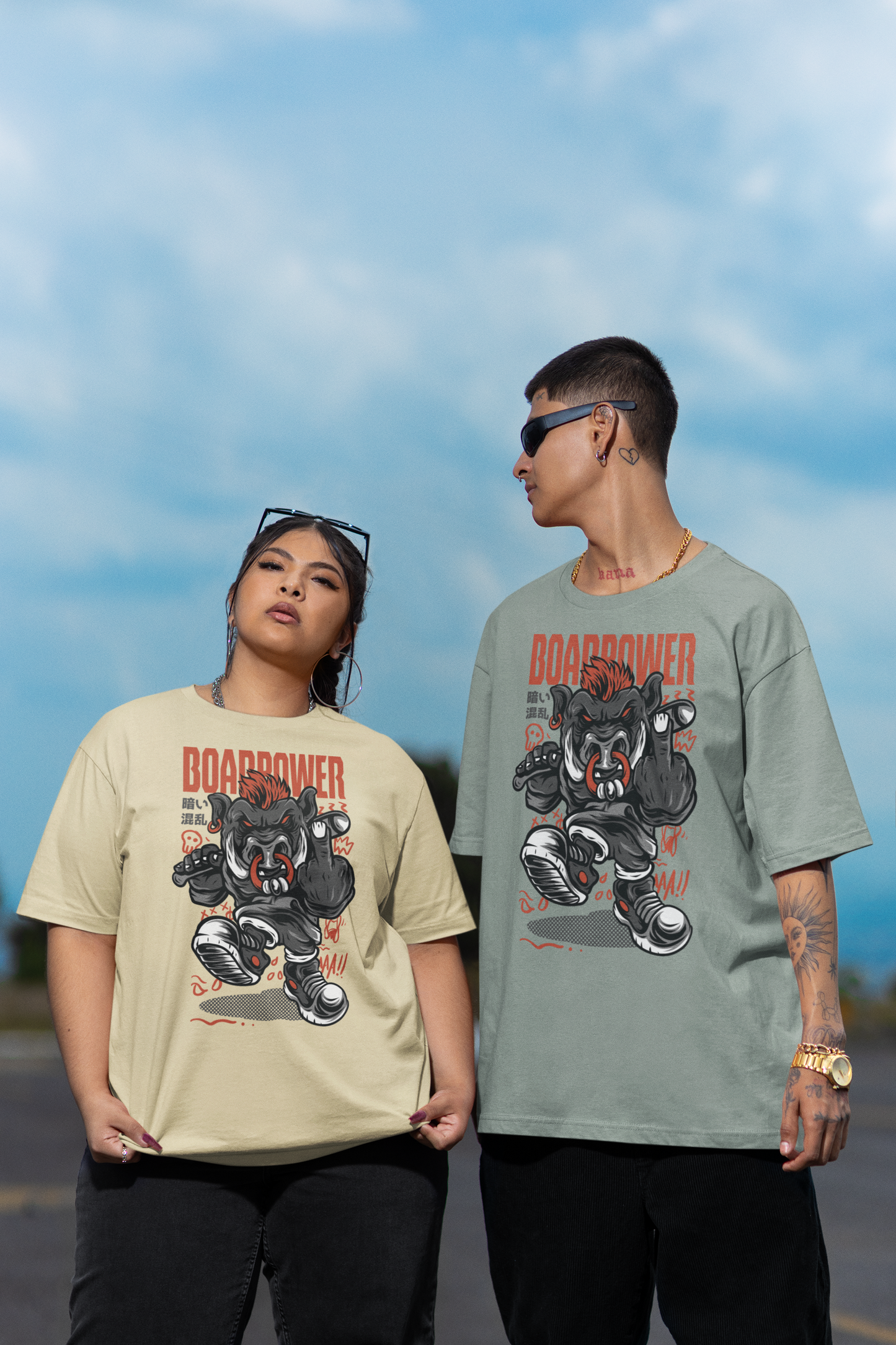 KRYOT Warrior Boar Power T-Shirt Frontprint - Unisex Oversized Bio Heavyweight T-Shirt 240 GSM Bio-Baumwolle