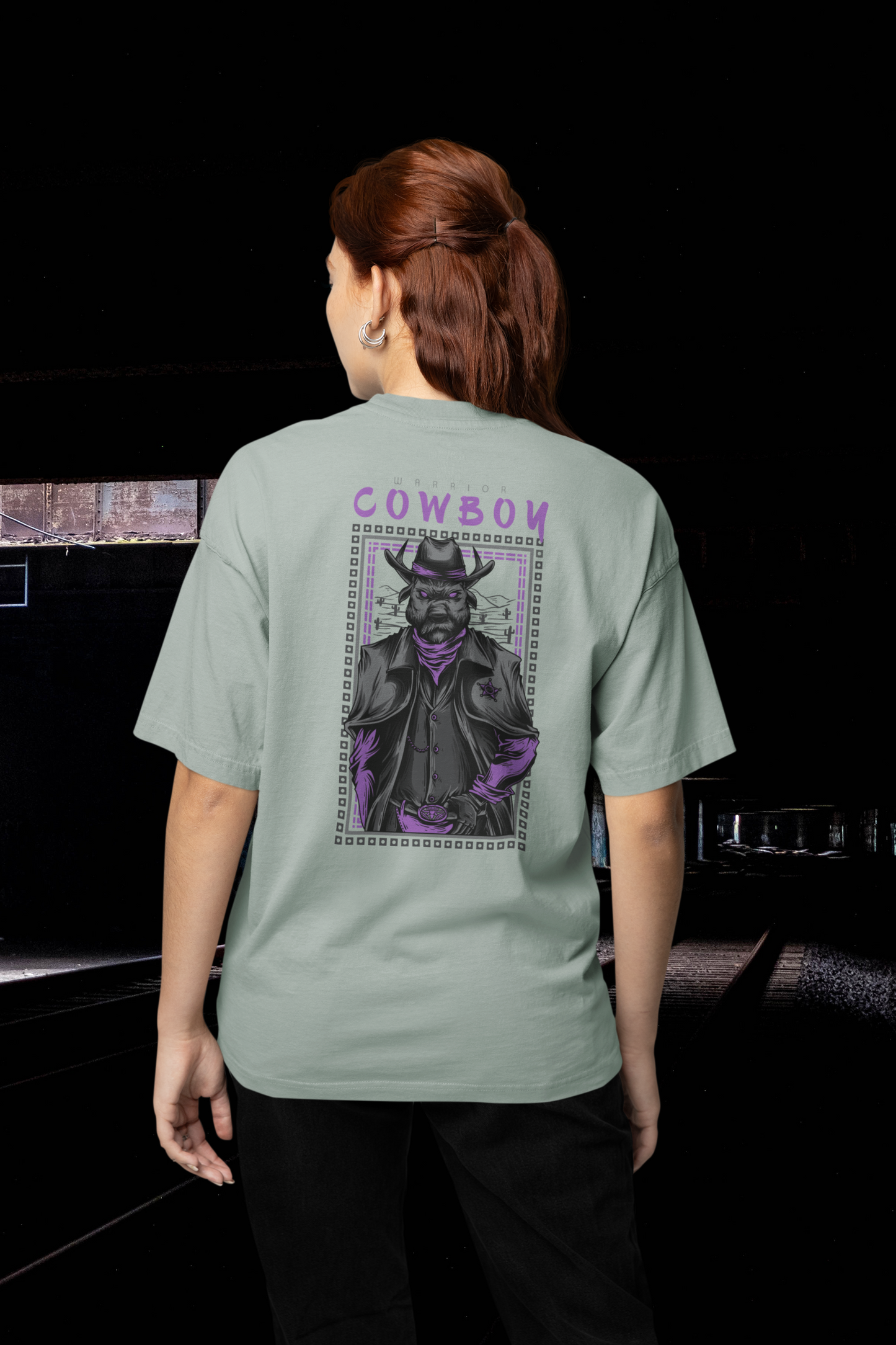 KRYOT Warrior Cowboy Dog T-Shirt Backprint - Unisex Oversized Bio Heavyweight T-Shirt 240 GSM Bio-Baumwolle