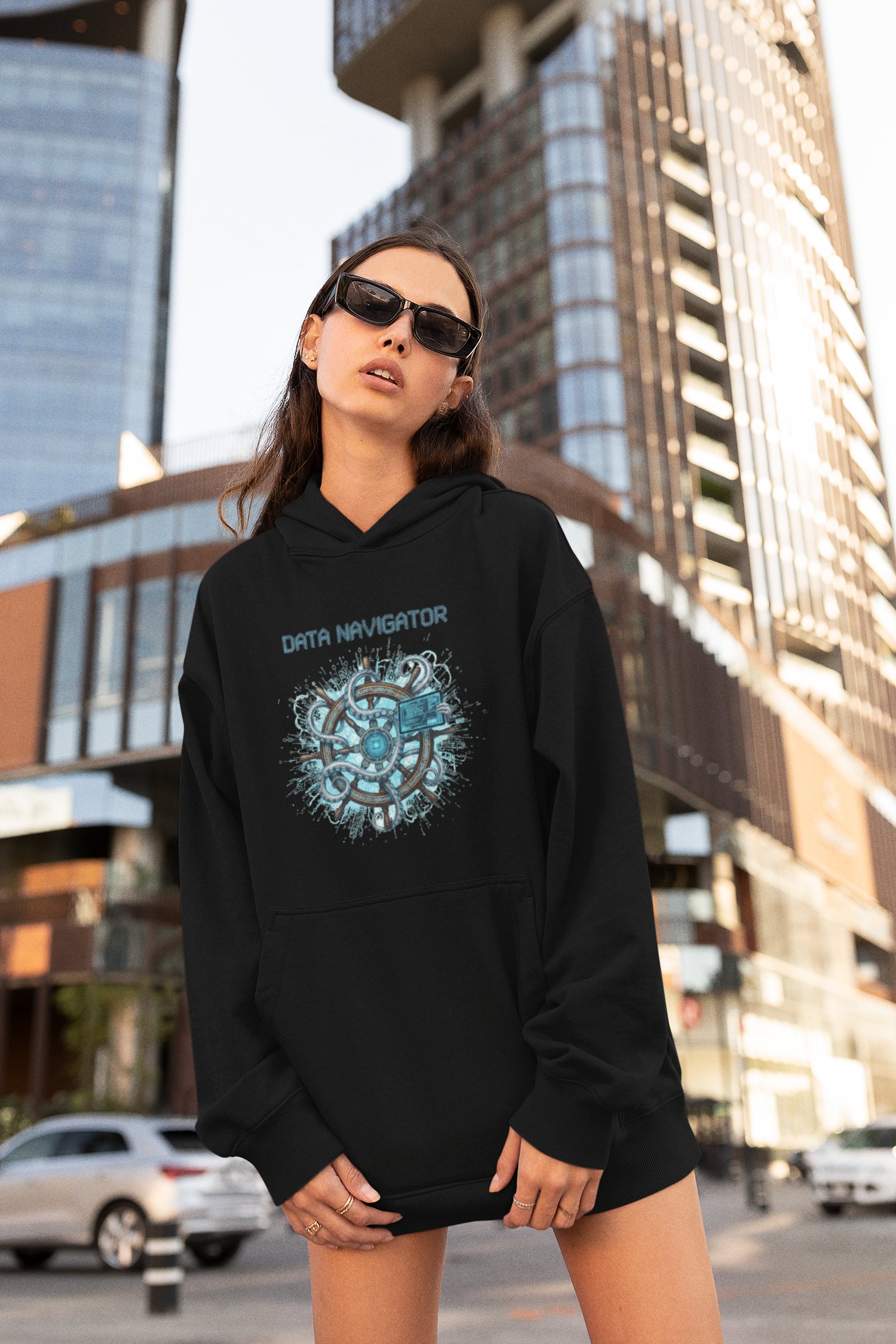 KRYOT Data Navigator Octo Pilot Hoodie Frontprint - Unisex Heavyweight Oversized Streetwear 350 GSM Bio-Baumwolle