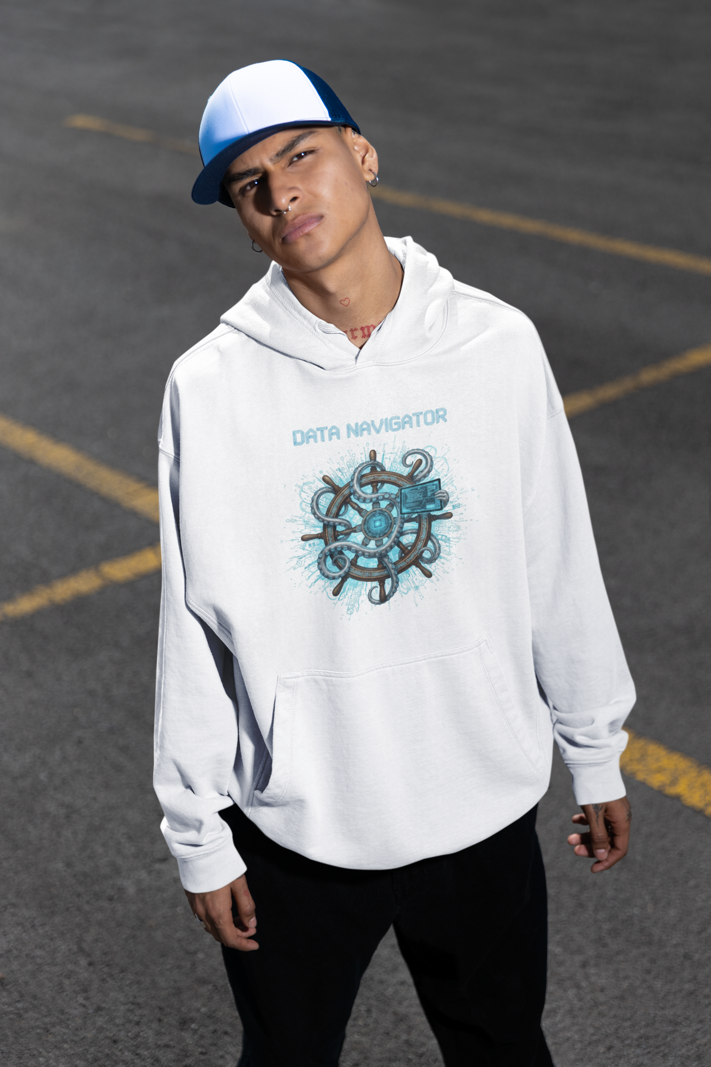 KRYOT Data Navigator Octo Pilot Hoodie Frontprint - Unisex Heavyweight Oversized Streetwear 350 GSM Bio-Baumwolle