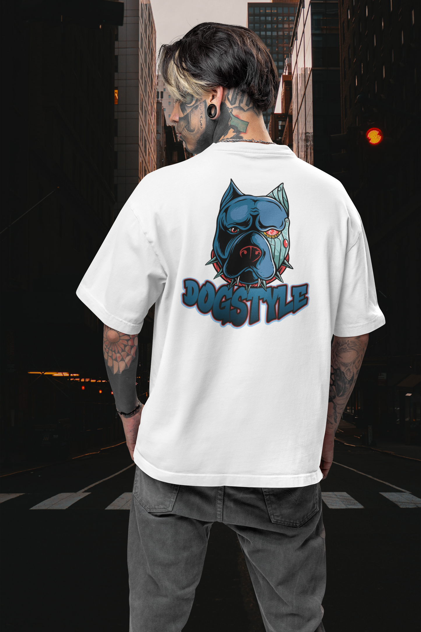 DOGSTYLE CYBER PITBULL Streetwear Backprint - Freestyler Organic Oversized Unisex T-Shirt Adults SH