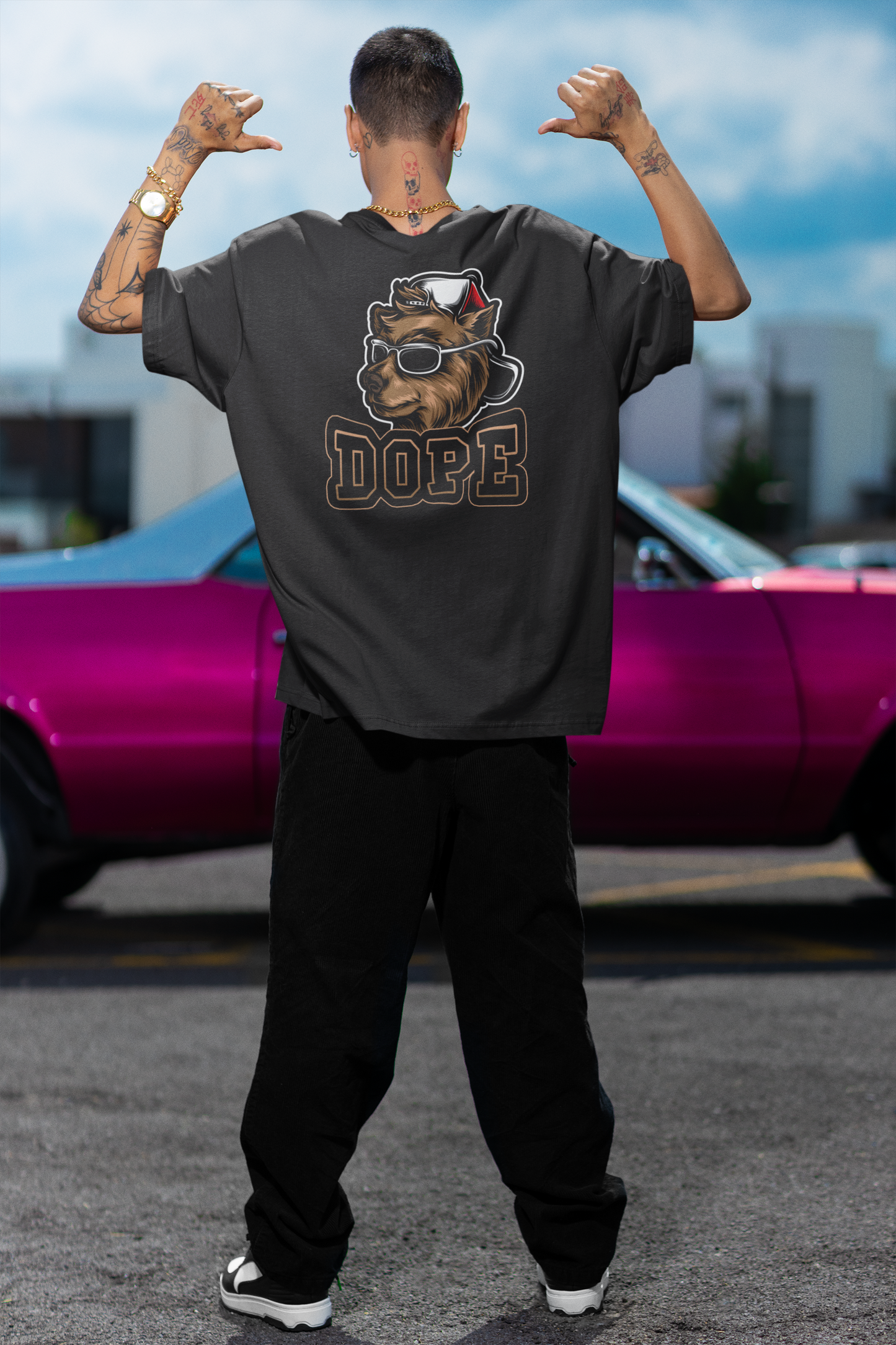 DOPE DOG BEAR STYLE Streetwear Back Print - Freestyler Organic Oversized Unisex Adult T-Shirt SH