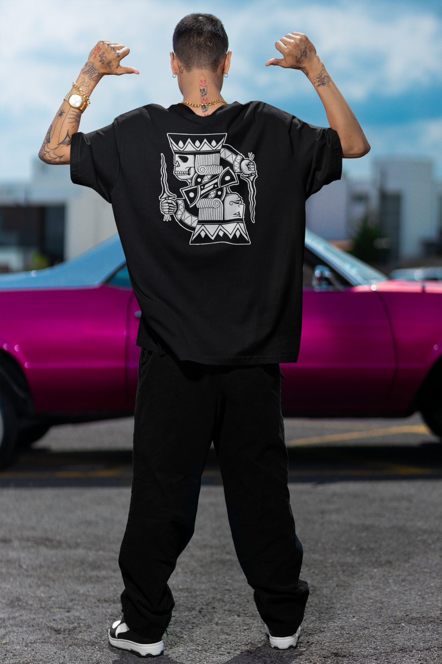 DOPPEL CARA THE SKULL KING Streetwear Imprimé au dos - T-shirt unisexe ample en coton bio Freestyler pour adultes SH