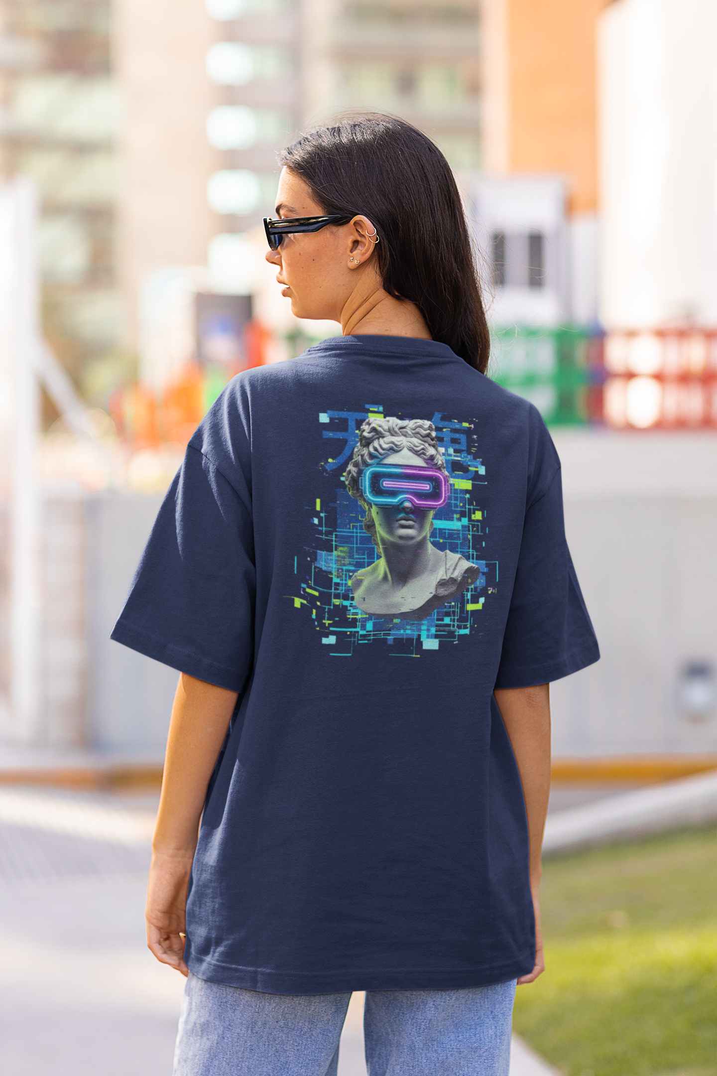 FUTURE STATUE VIRTUAL GLASSES II Streetwear Backprint - Freestyler Organic Oversized Unisex T-Shirt Adults