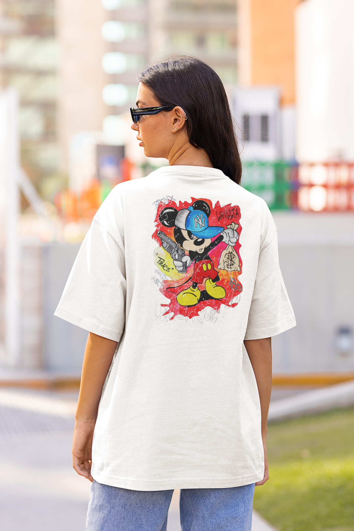 GANGSTA MOUSE BRONX SPIRIT Imprimé au dos Streetwear - T-shirt unisexe oversize bio Freestyler pour adultes SH