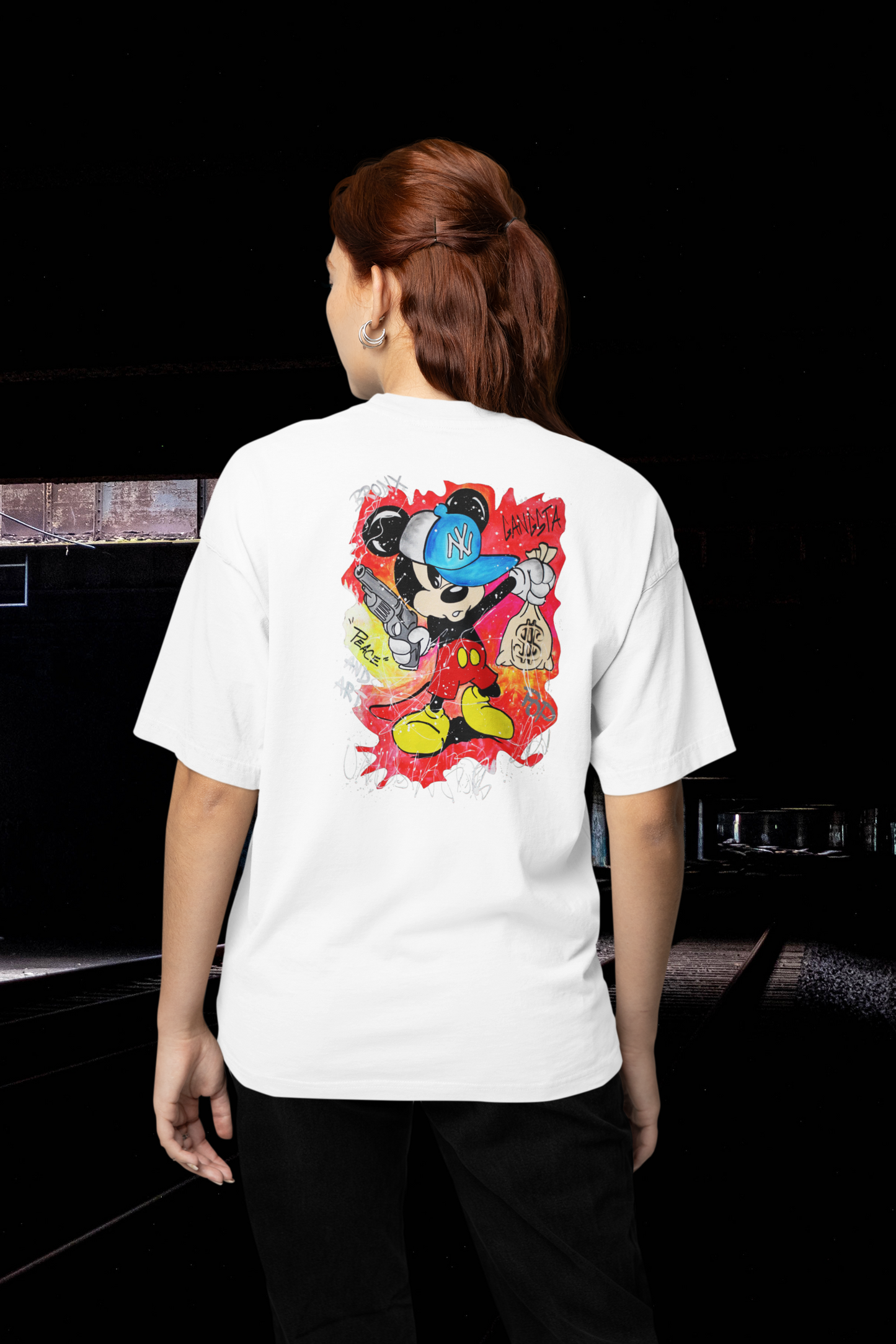 GANGSTA MOUSE BRONX SPIRIT Imprimé au dos Streetwear - T-shirt unisexe oversize bio Freestyler pour adultes SH