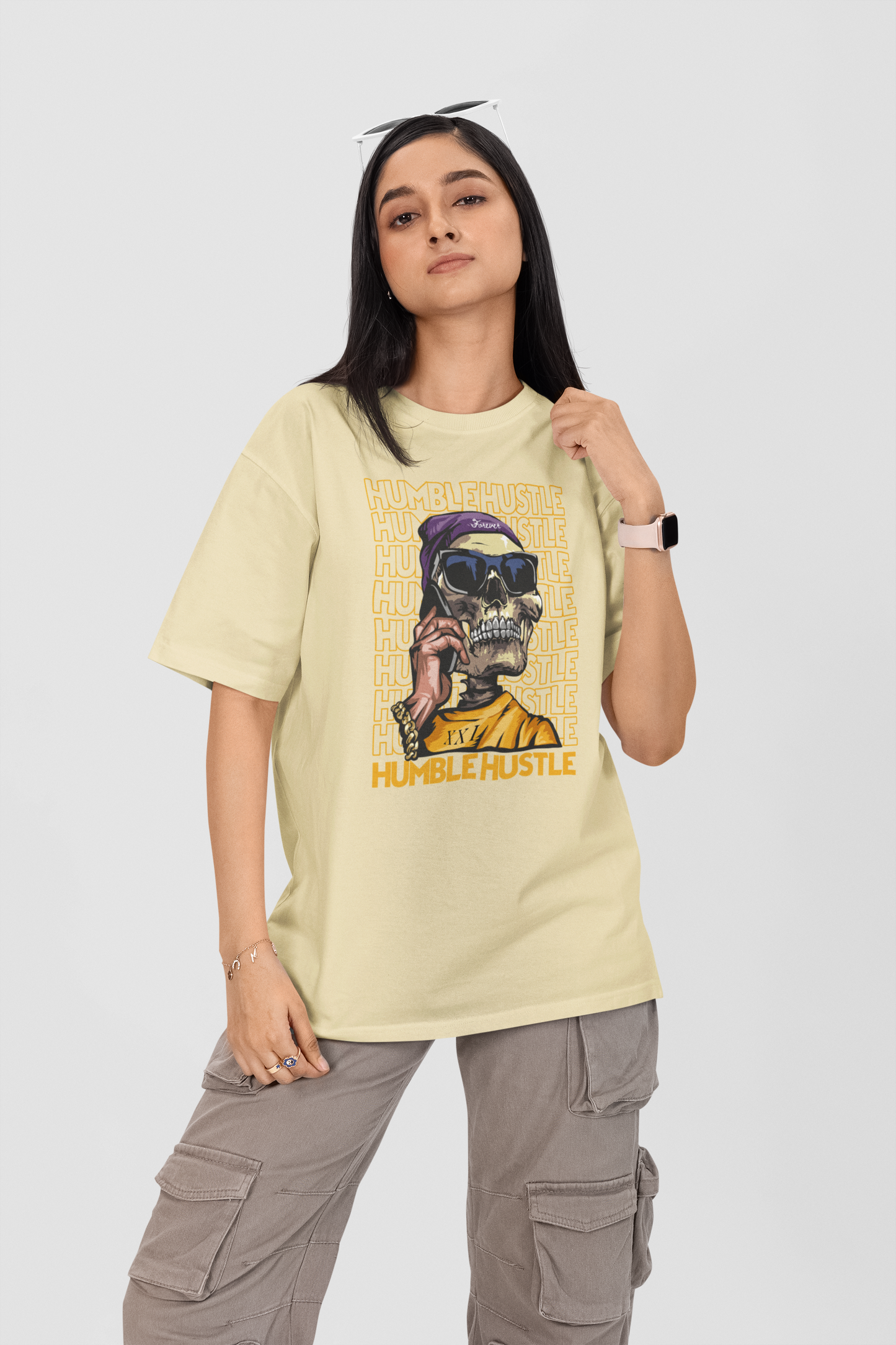 KRYOT Humble Hustle Funk & Skull II T-Shirt Frontprint - Unisex Oversized Bio Heavyweight T-Shirt 240 GSM Bio-Baumwolle