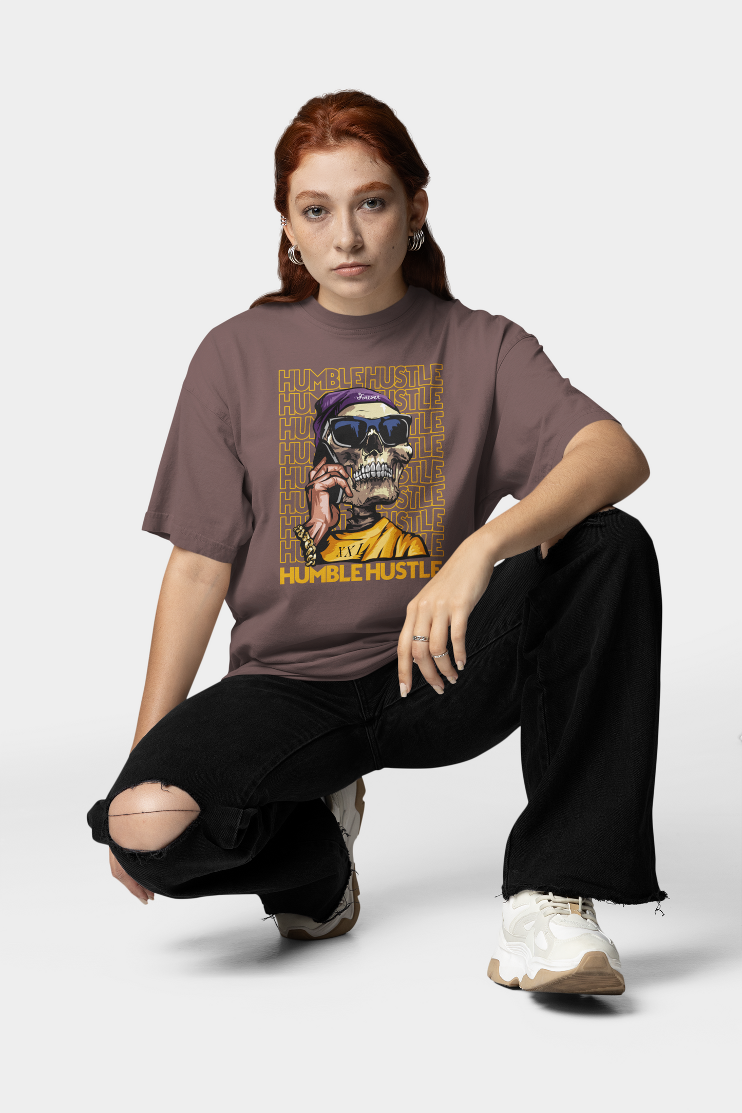 KRYOT Humble Hustle Funk & Skull II T-Shirt Frontprint - Unisex Oversized Bio Heavyweight T-Shirt 240 GSM Bio-Baumwolle