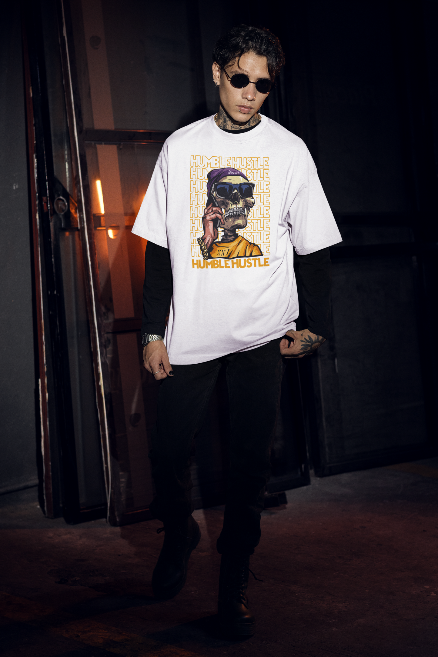 KRYOT Humble Hustle Funk & Skull II T-Shirt Frontprint - Unisex Oversized Bio Heavyweight T-Shirt 240 GSM Bio-Baumwolle