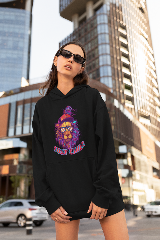 JUST CHILL NEON LION Frontside Streetwear - Slammer Organic Oversized Unisex Adult Hoodie