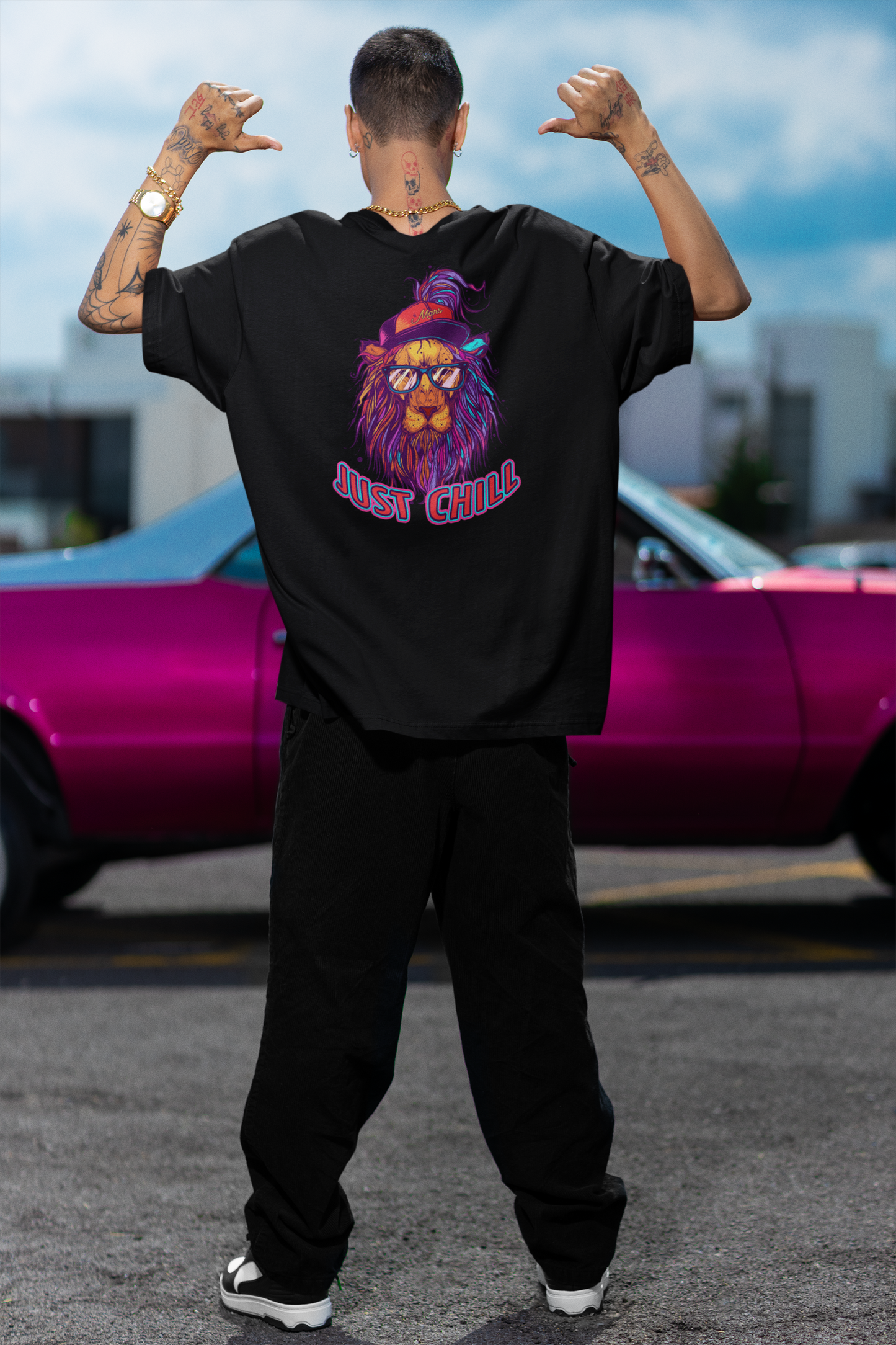 JUST CHILL NEON LION Streetwear Backprint - Freestyler Bio Oversized Unisex Camiseta Adultos SH