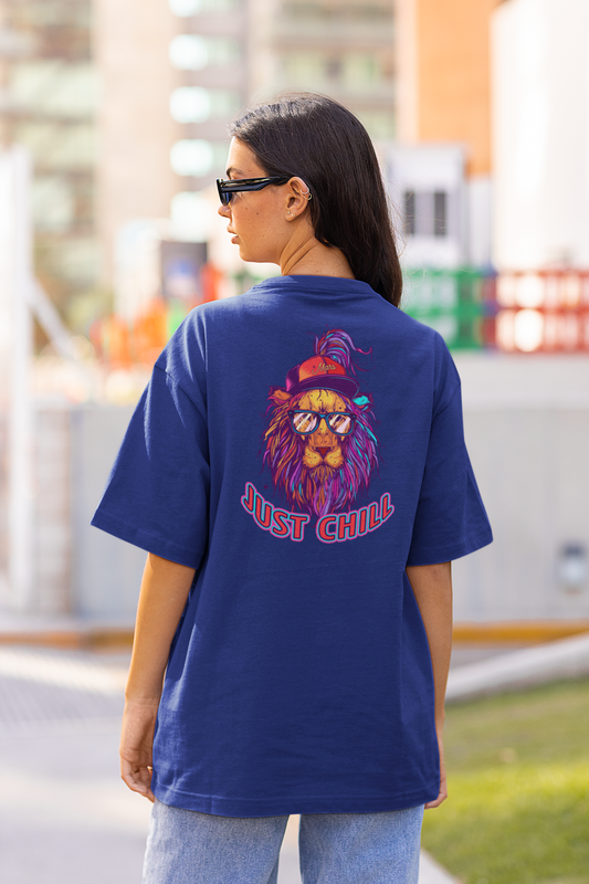 JUST CHILL NEON LION Imprimé streetwear au dos – T-shirt unisexe surdimensionné bio Freestyler pour adultes SH