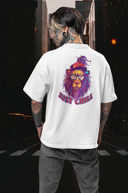 JUST CHILL NEON LION Imprimé streetwear au dos – T-shirt unisexe surdimensionné bio Freestyler pour adultes SH