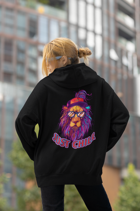 JUST CHILL NEON LION Streetwear Back - Slammer Organic Oversized Unisex Adult Hoodie SH