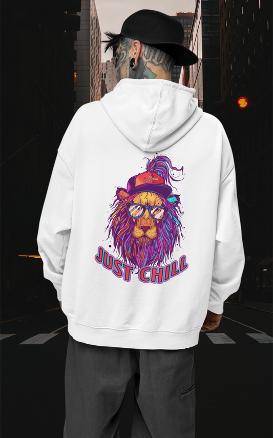 JUST CHILL NEON LION Streetwear Back - Slammer Organic Oversized Unisex Adult Hoodie SH