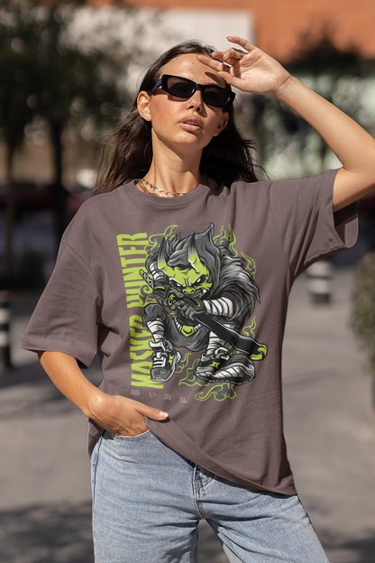 KRYOT Warrior Masked Hunter II Green T-Shirt Frontprint - Unisex Oversized Bio Heavyweight T-Shirt 240 GSM Bio-Baumwolle