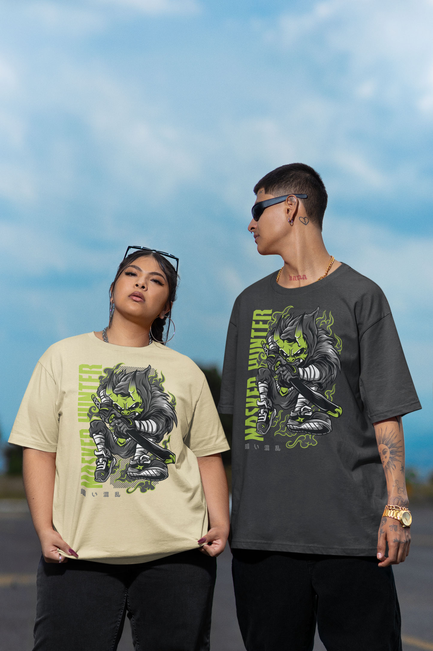 KRYOT Warrior Masked Hunter II Green T-Shirt Frontprint - Unisex Oversized Bio Heavyweight T-Shirt 240 GSM Bio-Baumwolle