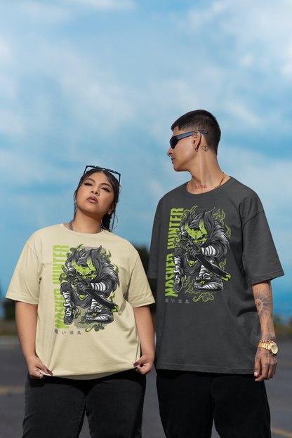 KRYOT Warrior Masked Hunter II Green T-Shirt Frontprint - Unisex Oversized Bio Heavyweight T-Shirt 240 GSM Bio-Baumwolle