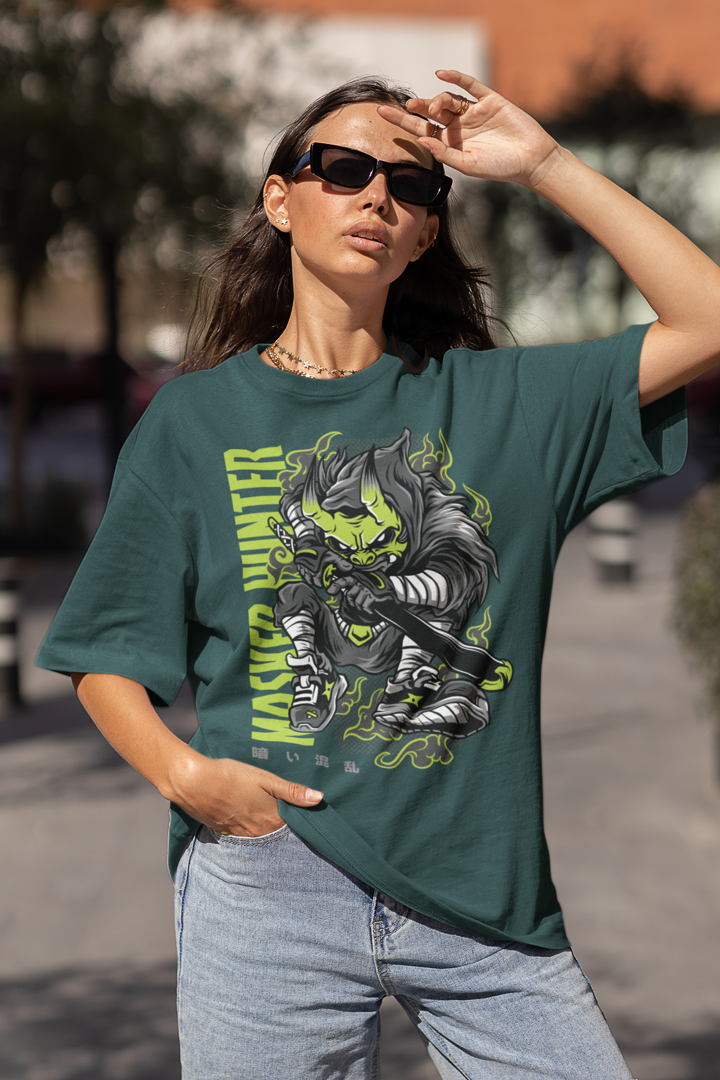 KRYOT Warrior Masked Hunter II Green T-Shirt Frontprint - Unisex Oversized Bio Heavyweight T-Shirt 240 GSM Bio-Baumwolle