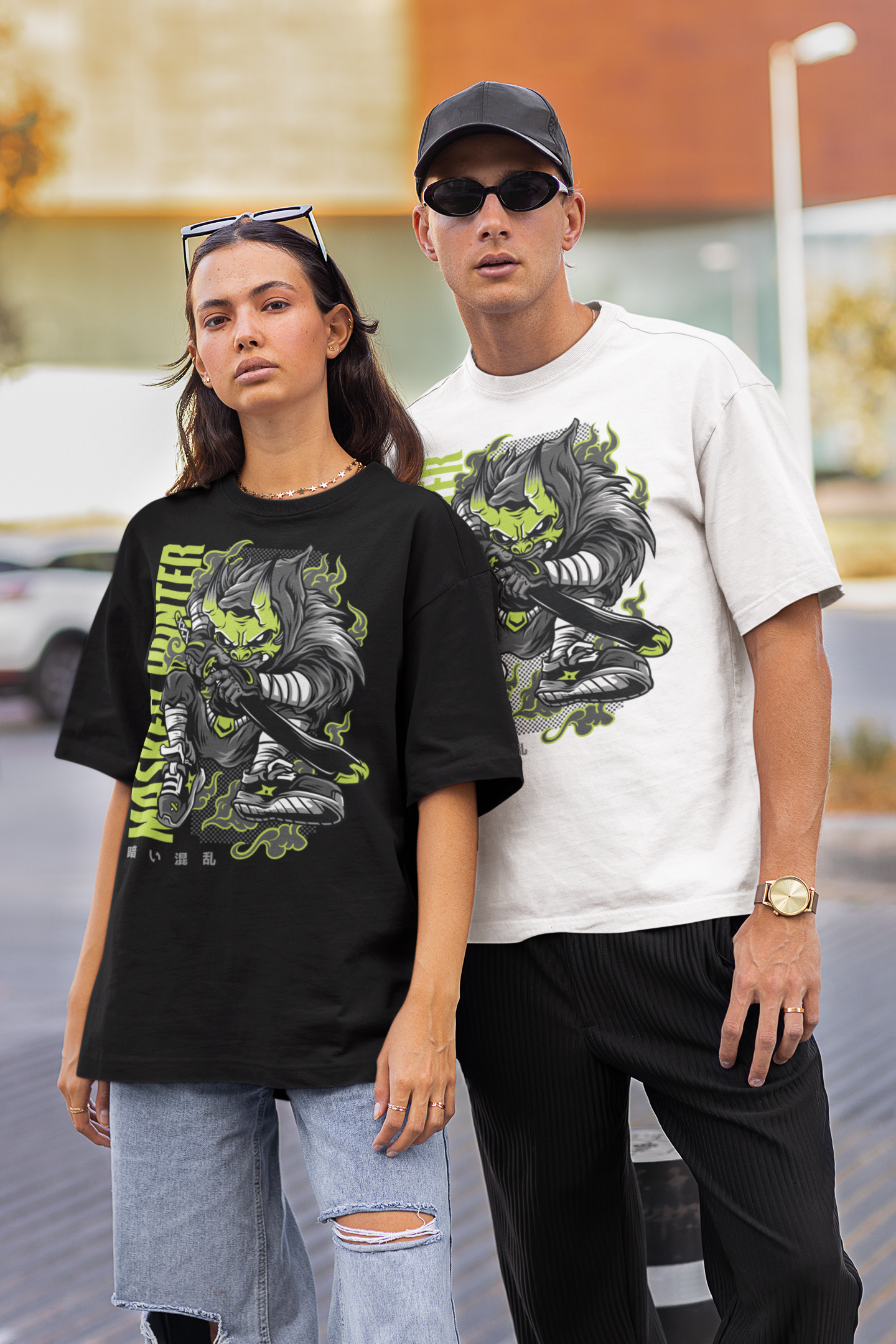 KRYOT Warrior Masked Hunter II Green T-Shirt Frontprint - Unisex Oversized Bio Heavyweight T-Shirt 240 GSM Bio-Baumwolle
