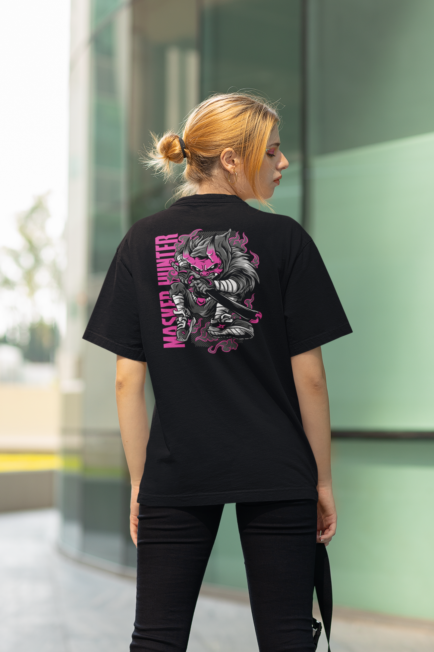 Camiseta Oversized Unisex Freestyler Bio para adultos con estampado en la espalda MASKED HUNTER Warrior Streetwear SH