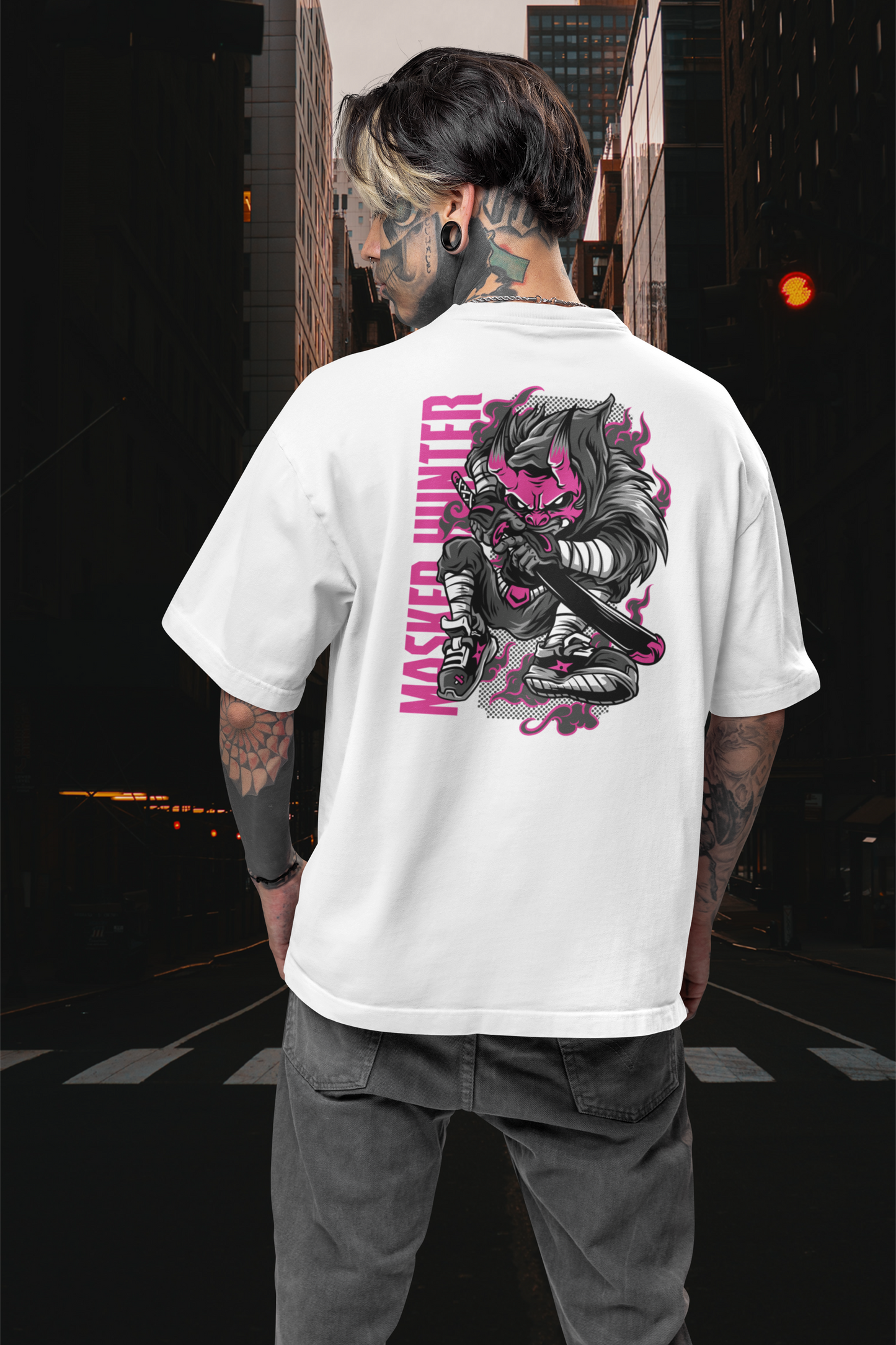 Camiseta Oversized Unisex Freestyler Bio para adultos con estampado en la espalda MASKED HUNTER Warrior Streetwear SH