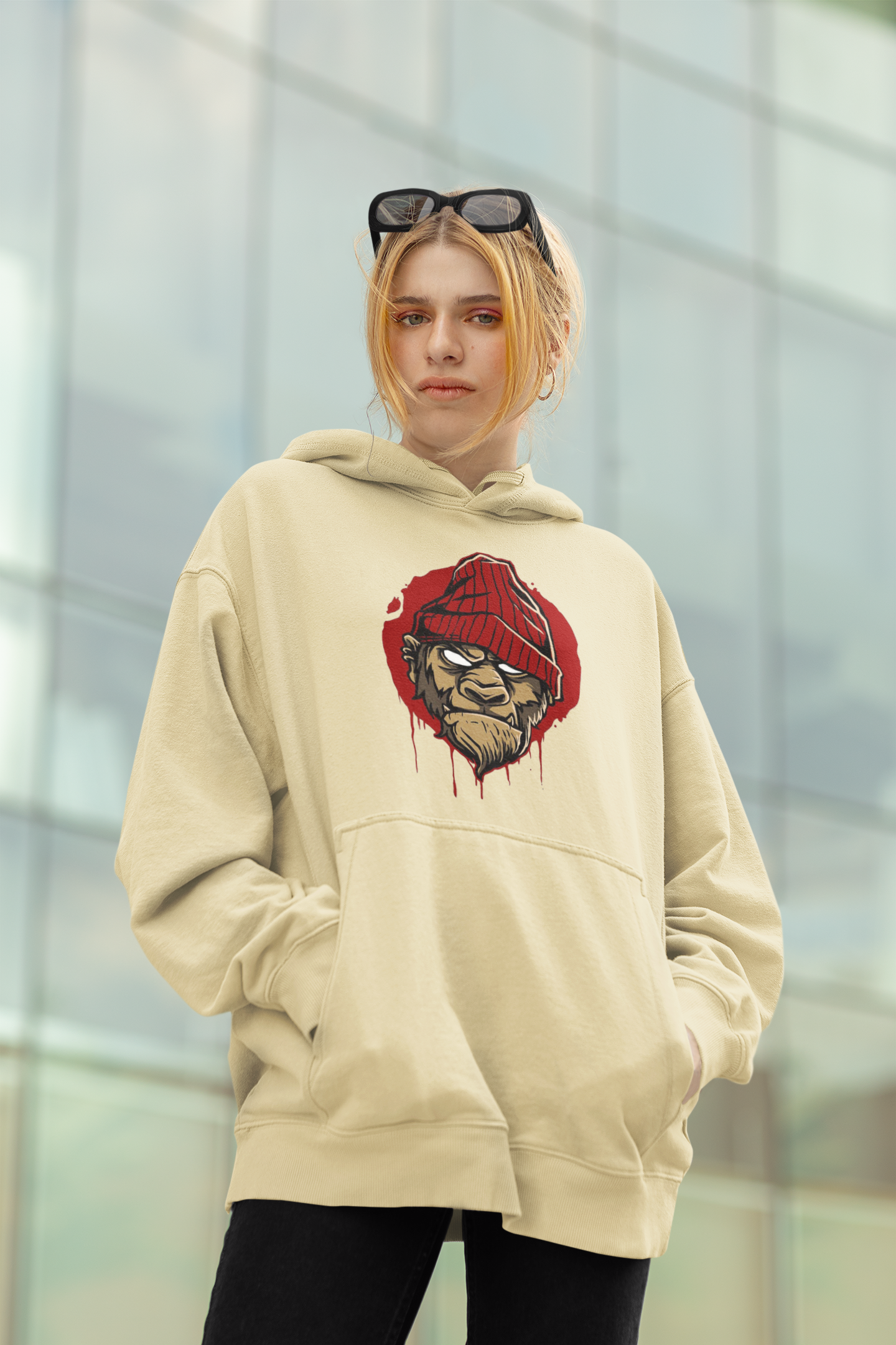 KRYOT Monkey Boss Hoodie Frontprint - Unisex Heavyweight Oversized Streetwear 350 GSM Bio-Baumwolle