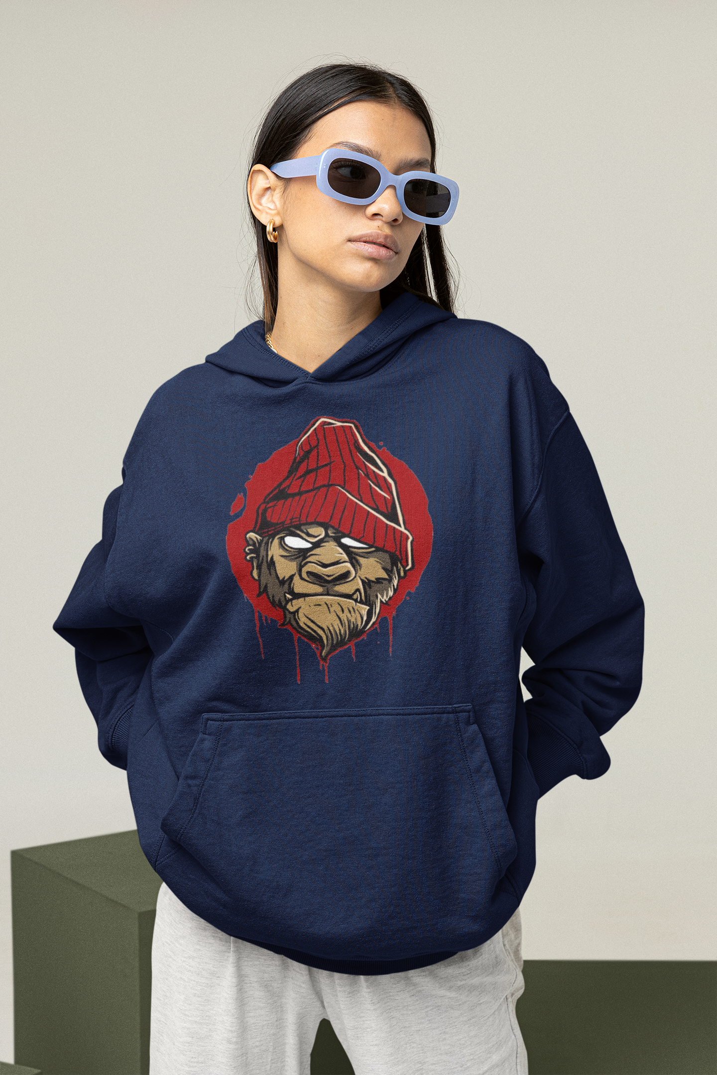 KRYOT Monkey Boss Hoodie Frontprint - Unisex Heavyweight Oversized Streetwear 350 GSM Bio-Baumwolle