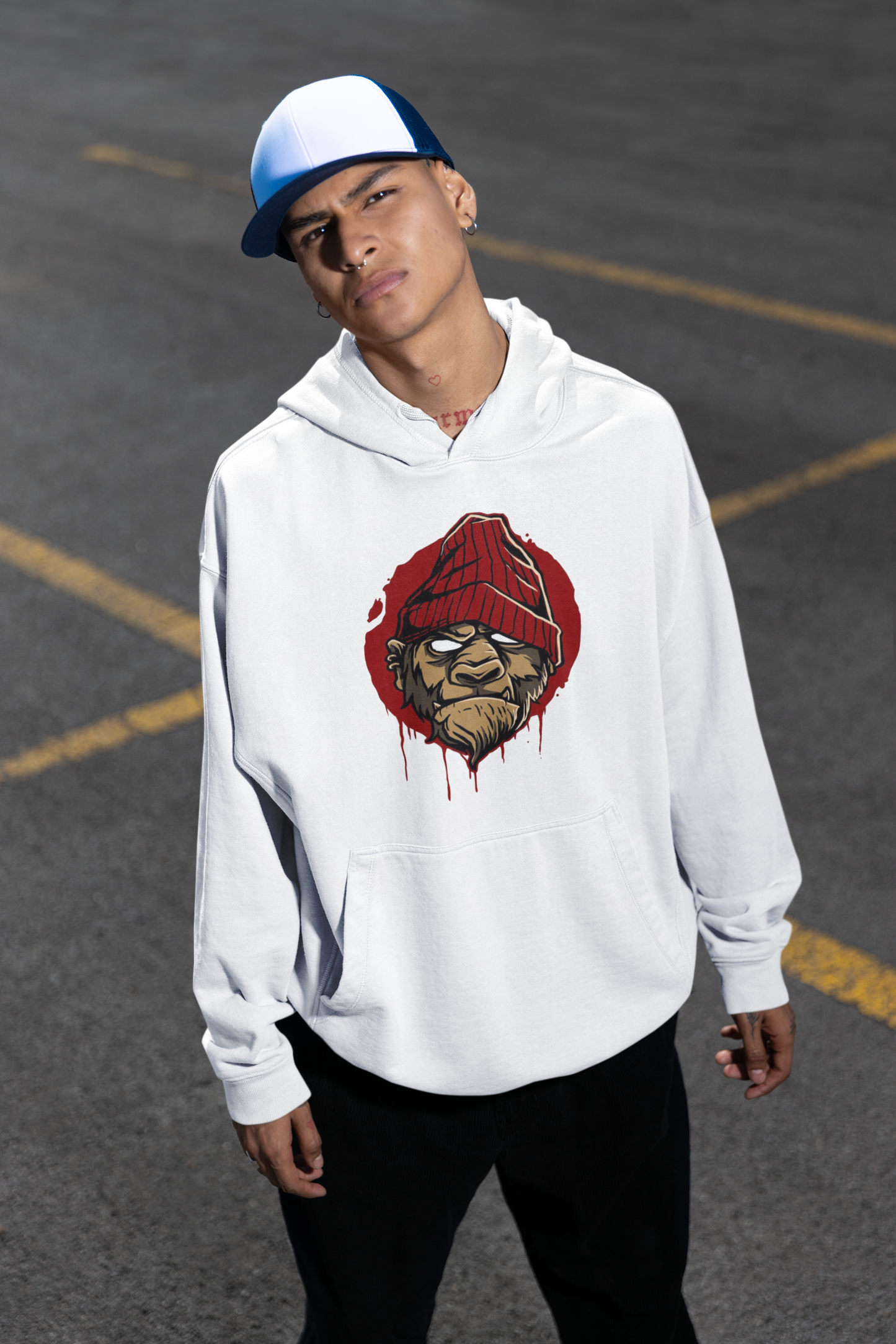 KRYOT Monkey Boss Hoodie Frontprint - Unisex Heavyweight Oversized Streetwear 350 GSM Bio-Baumwolle