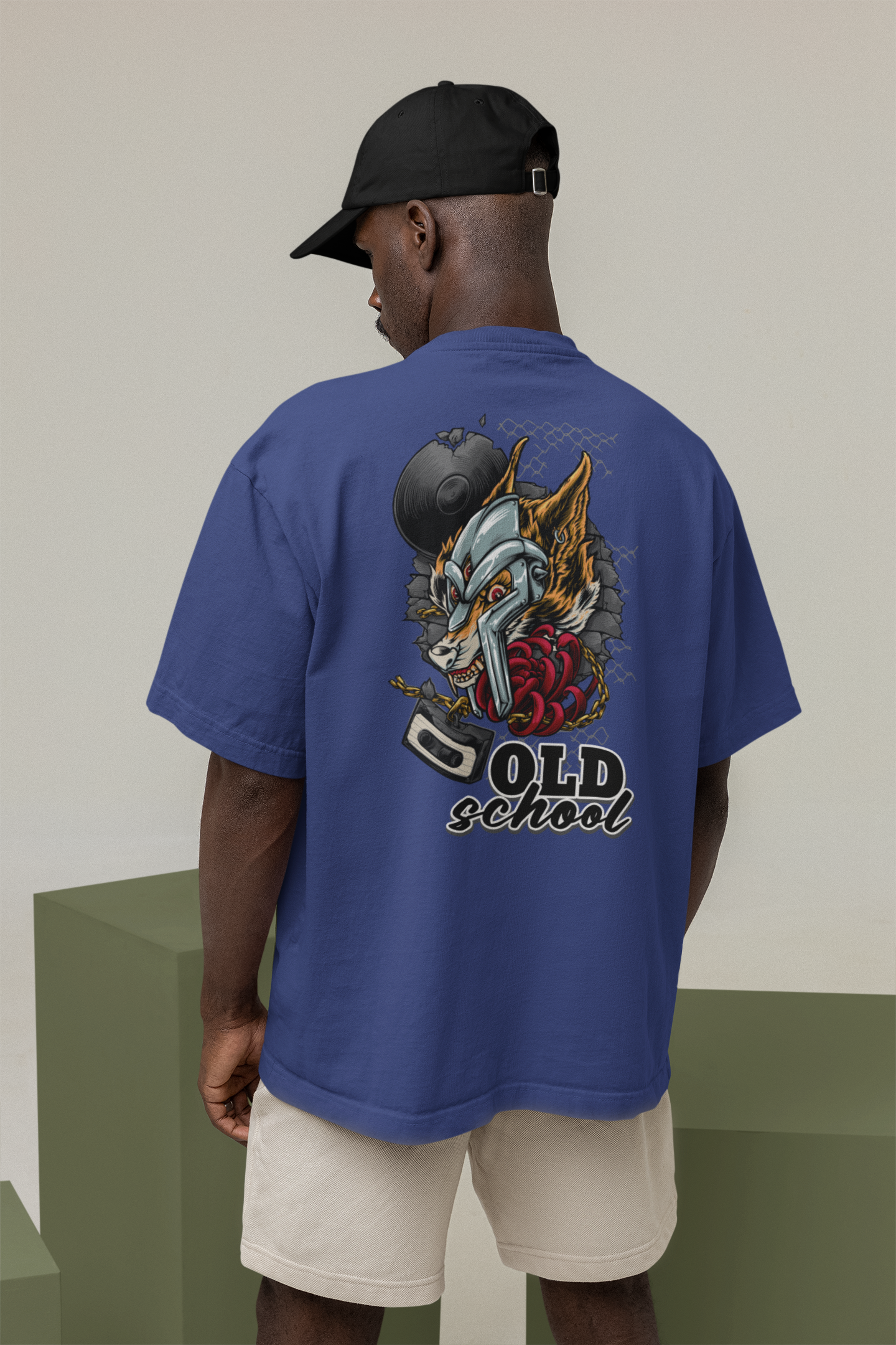 OLD SCHOOL WOLF Streetwear Imprimé au dos - T-shirt unisexe oversize bio Freestyler pour adultes SH