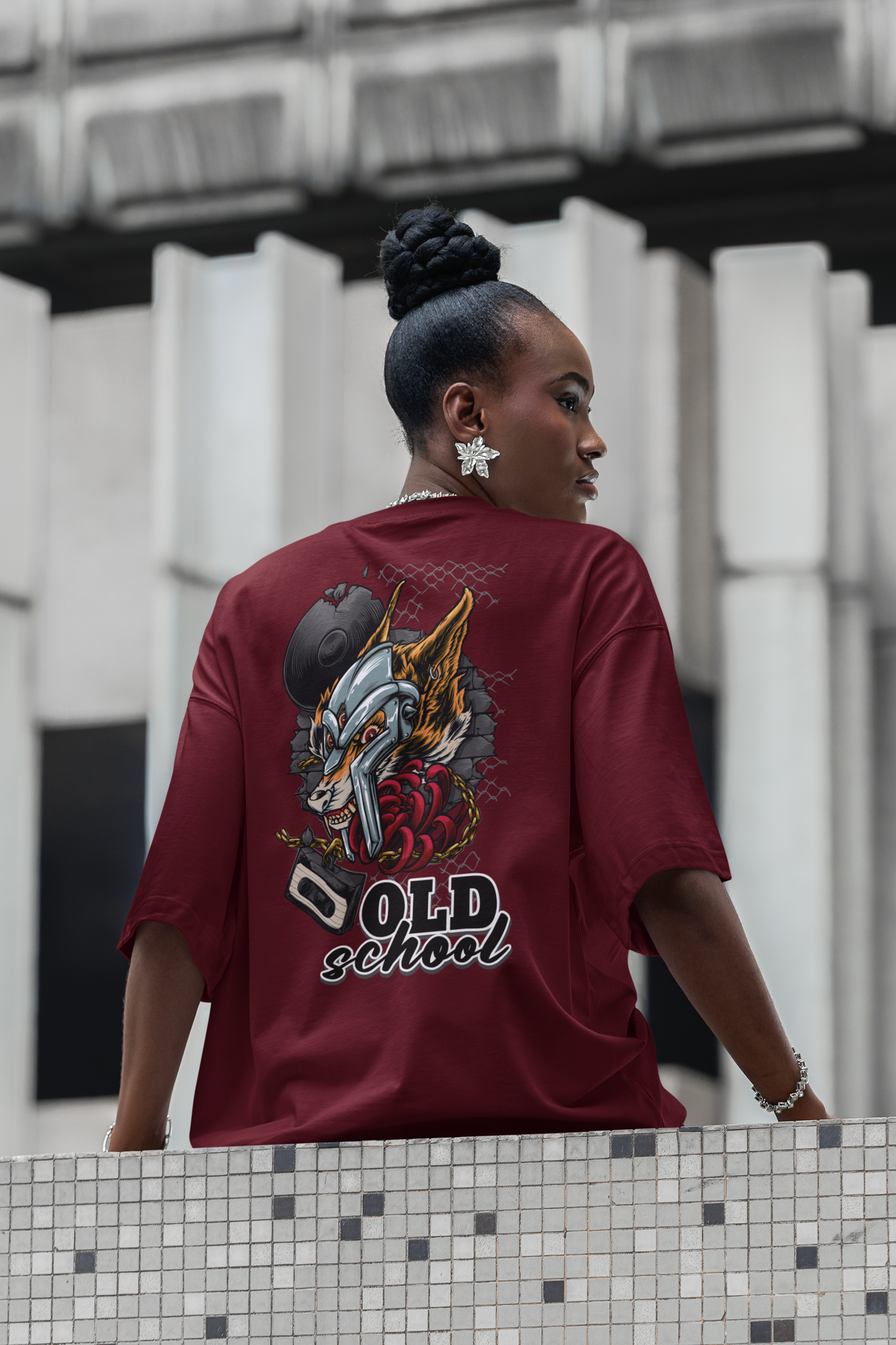 OLD SCHOOL WOLF Streetwear Imprimé au dos - T-shirt unisexe oversize bio Freestyler pour adultes SH