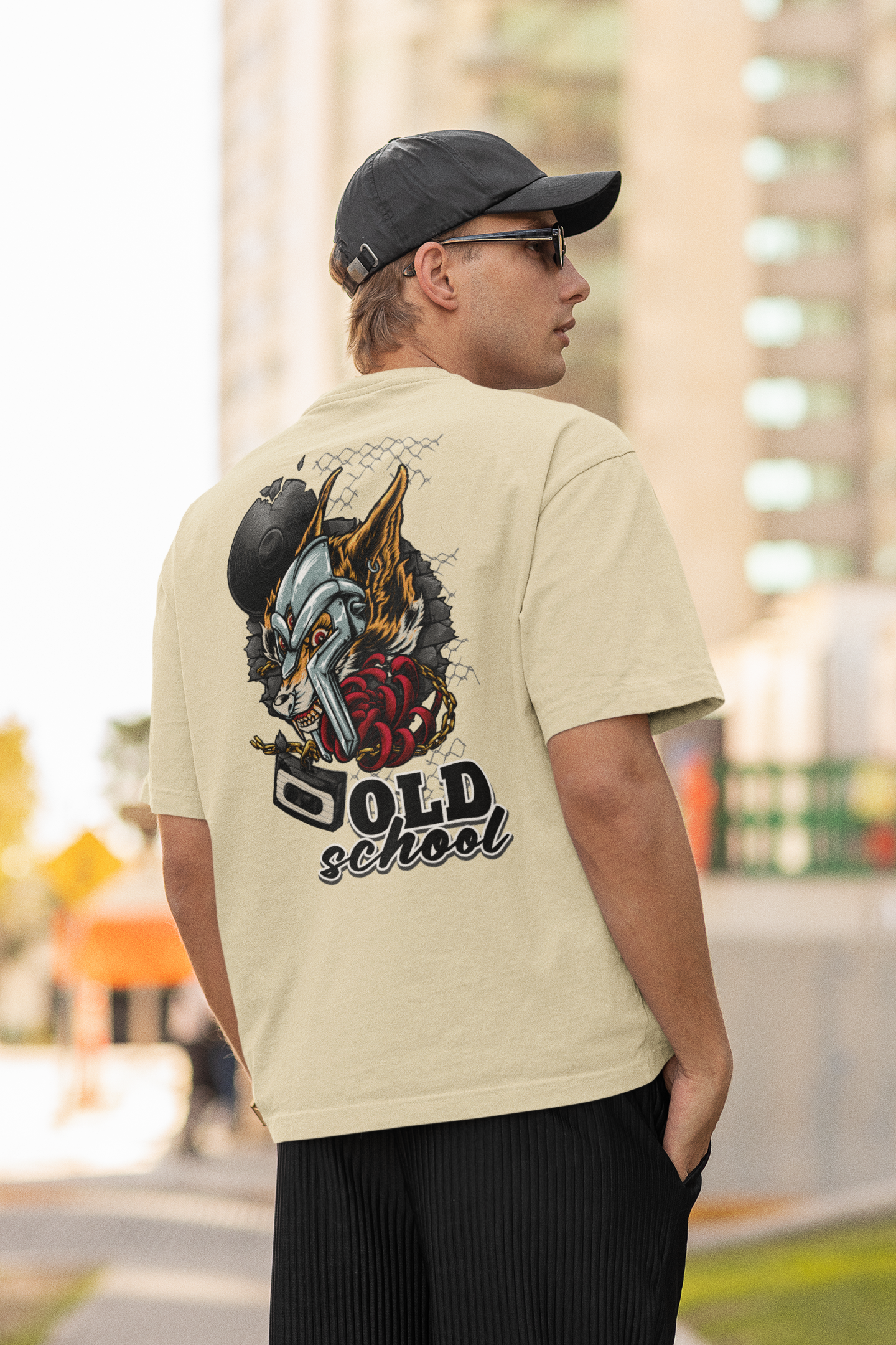 OLD SCHOOL WOLF Streetwear Imprimé au dos - T-shirt unisexe oversize bio Freestyler pour adultes SH