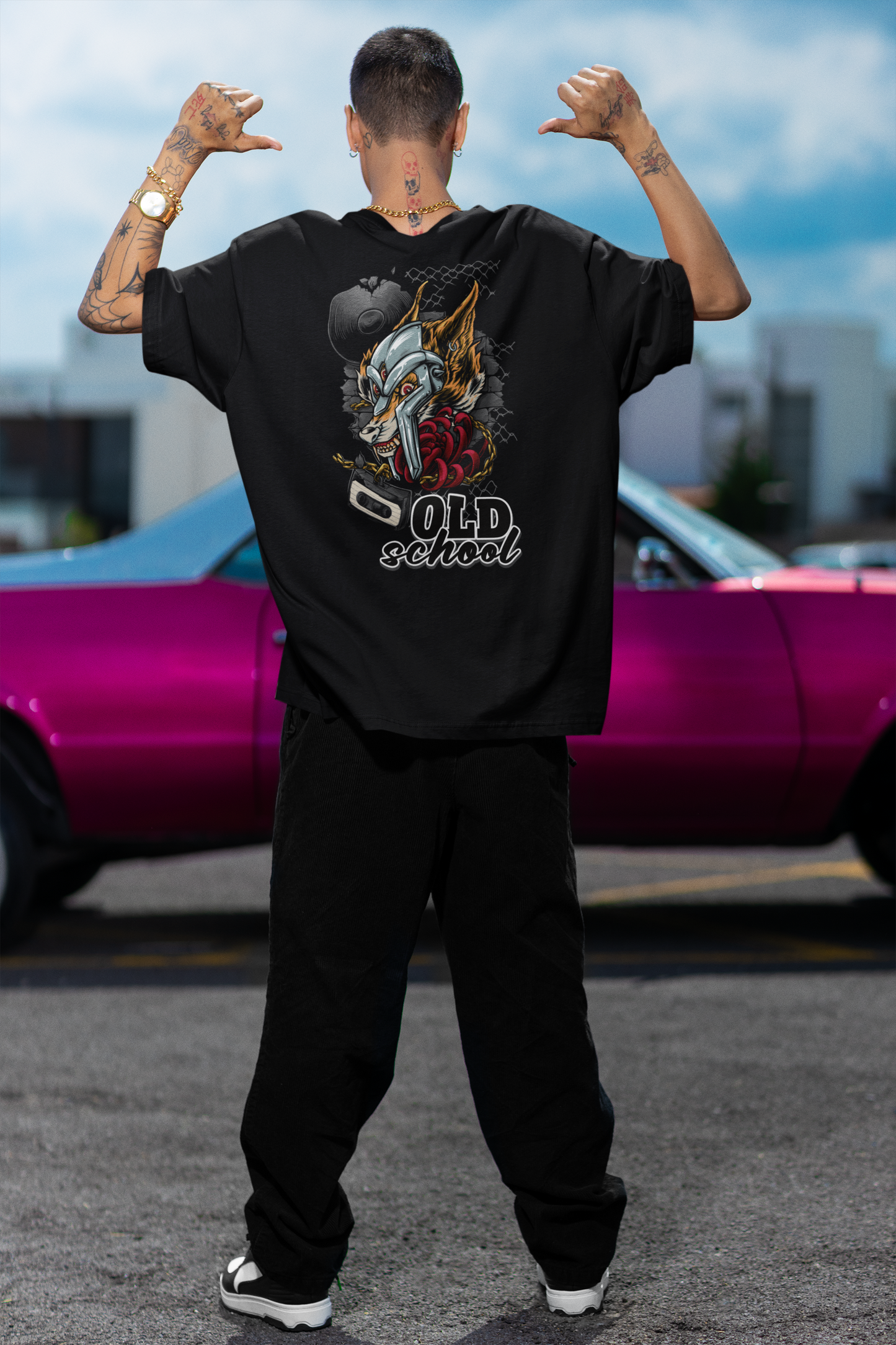 OLD SCHOOL WOLF Streetwear Imprimé au dos - T-shirt unisexe oversize bio Freestyler pour adultes SH
