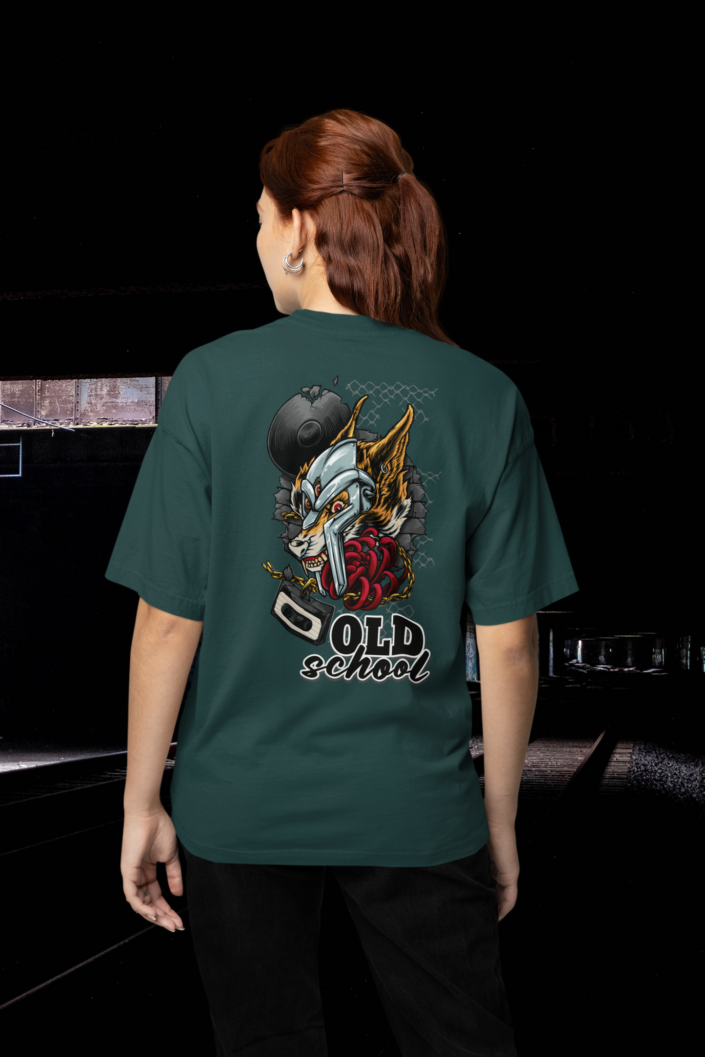 OLD SCHOOL WOLF Streetwear Imprimé au dos - T-shirt unisexe oversize bio Freestyler pour adultes SH