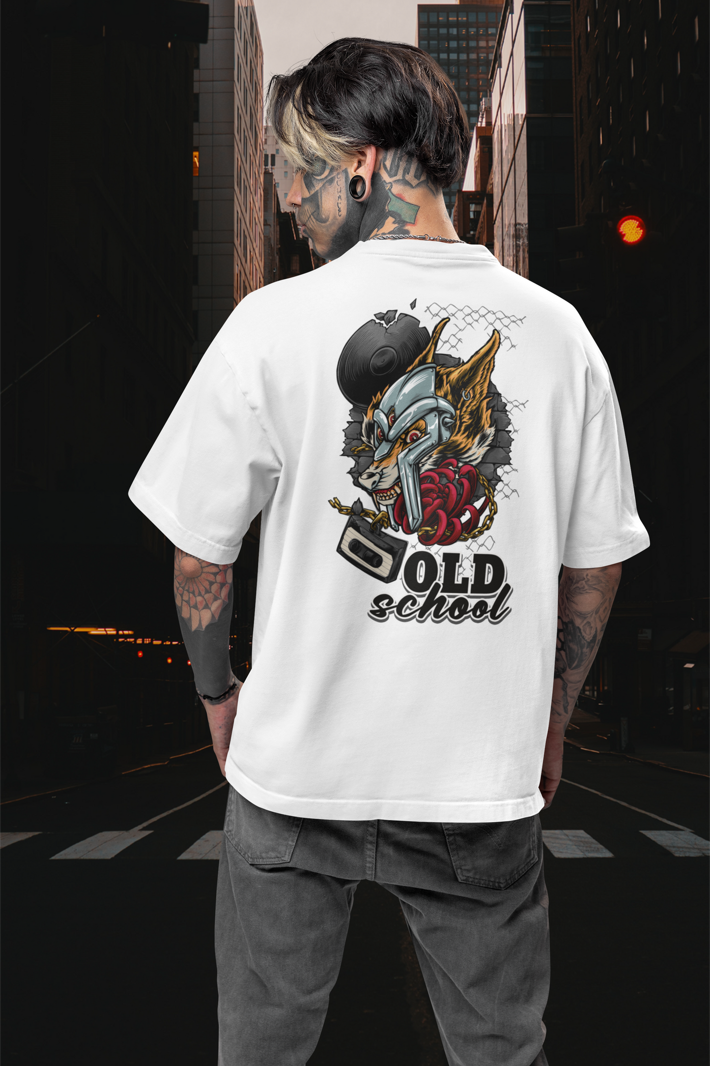 OLD SCHOOL WOLF Streetwear Imprimé au dos - T-shirt unisexe oversize bio Freestyler pour adultes SH