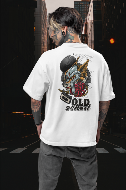 OLD SCHOOL WOLF Streetwear Imprimé au dos - T-shirt unisexe oversize bio Freestyler pour adultes SH