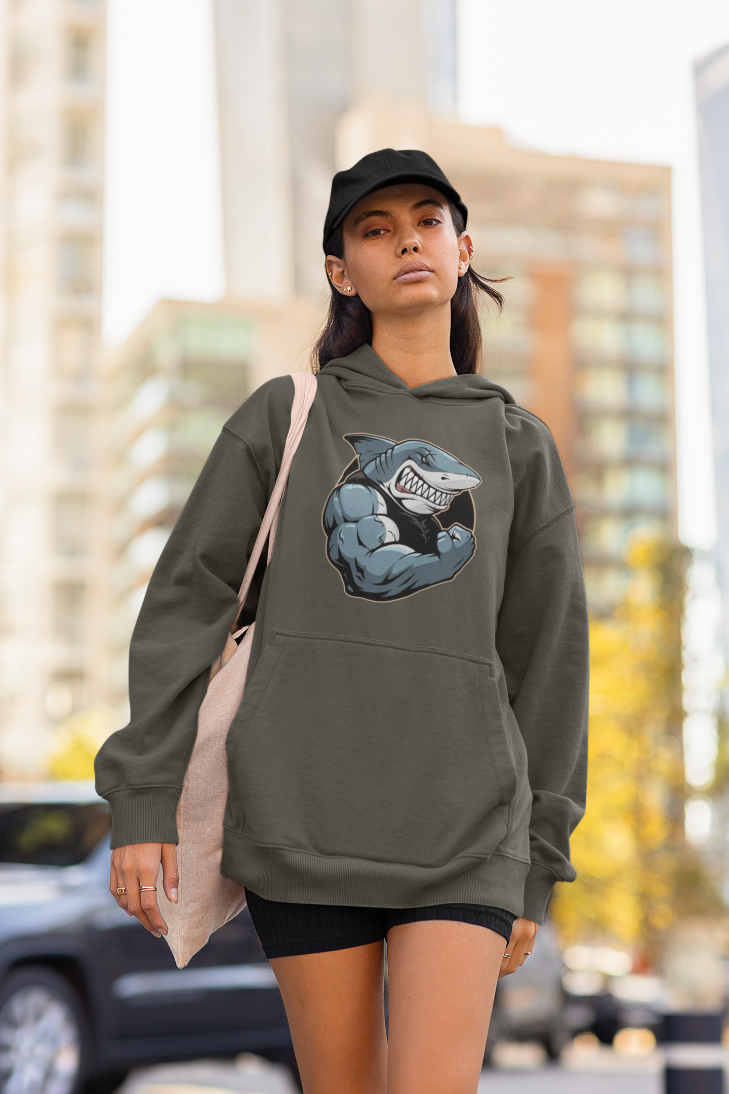 SHARKY MUSKEL HAI Streetwear Frontprint - Slammer Bio Sudadera con Capucha Unisex Oversized para Adultos SH