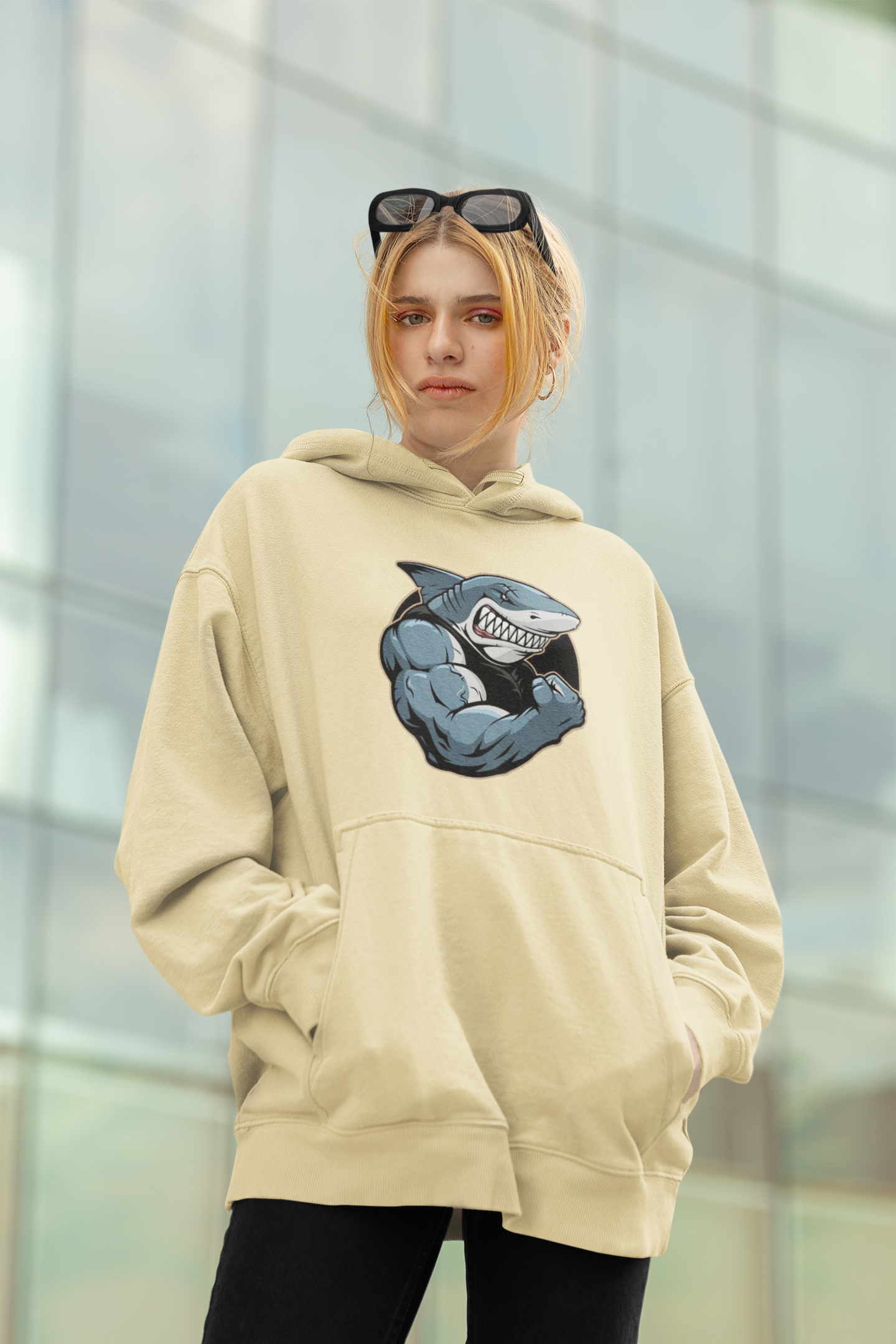 SHARKY MUSKEL HAI Streetwear Frontprint - Slammer Bio Sudadera con Capucha Unisex Oversized para Adultos SH