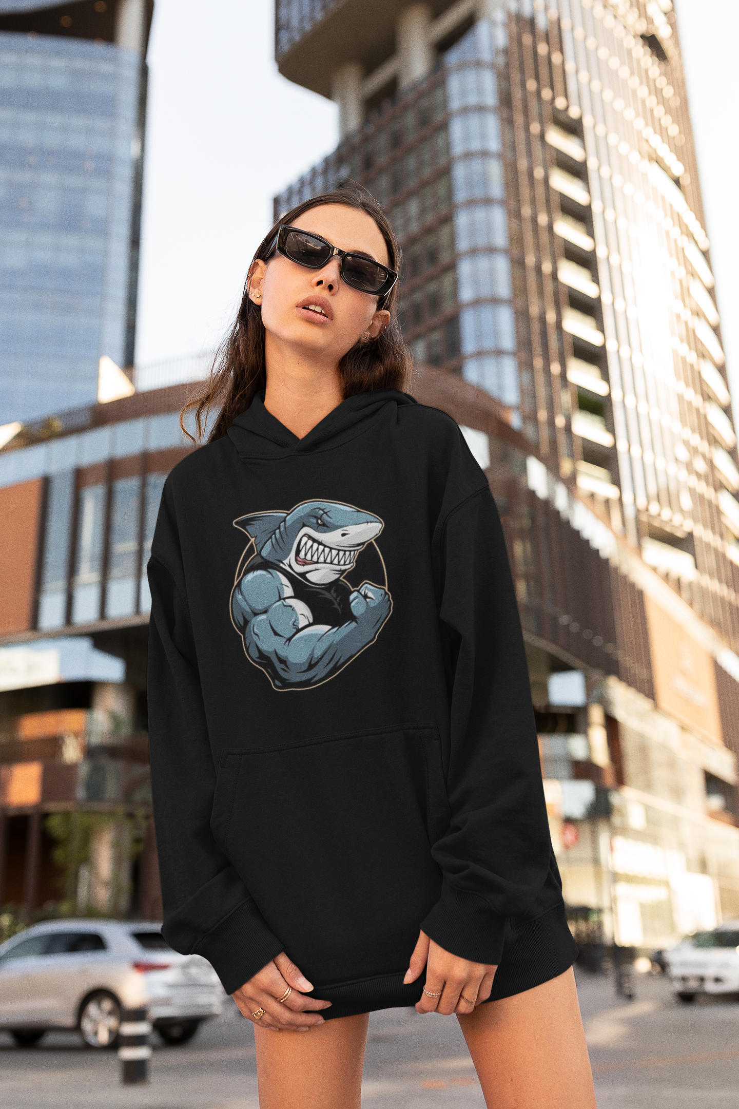 SHARKY MUSKEL HAI Streetwear Frontprint - Slammer Bio Sudadera con Capucha Unisex Oversized para Adultos SH