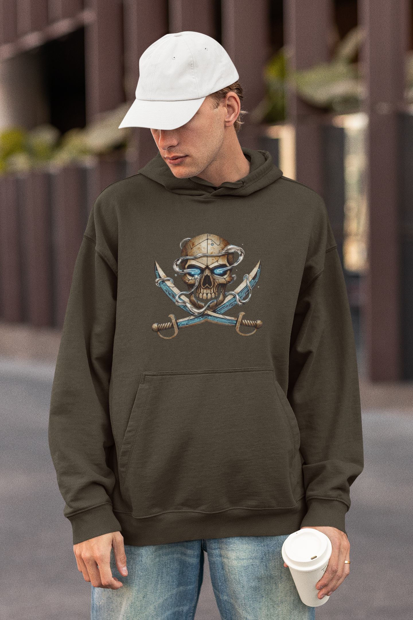 SKULL PIRATE DATA SWORD Streetwear Front Print - Slammer Organic Oversized Unisex Adult Hoodie SH