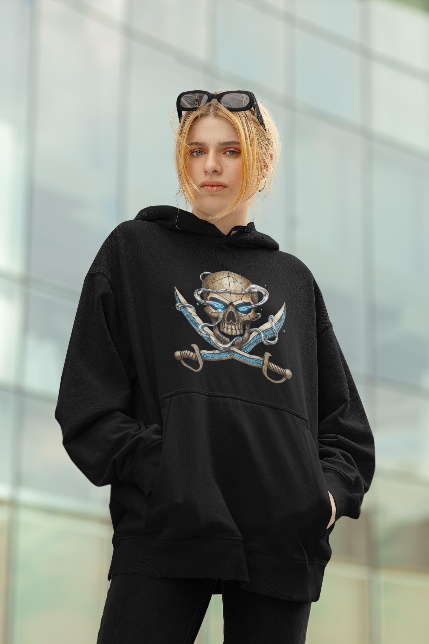 SKULL PIRATE DATA SWORD Streetwear Front Print - Slammer Organic Oversized Unisex Adult Hoodie SH