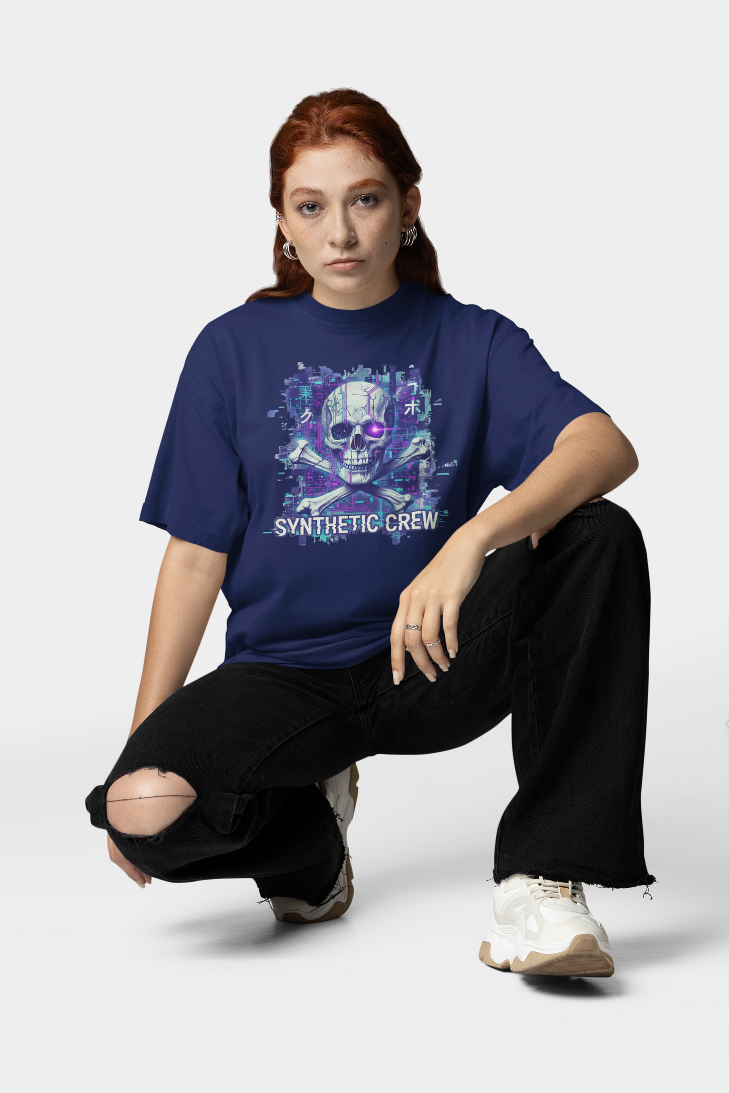 KRYOT Skull Synthetic Crew T-Shirt Frontprint - Unisex Oversized Bio Heavyweight T-Shirt 240 GSM Bio-Baumwolle