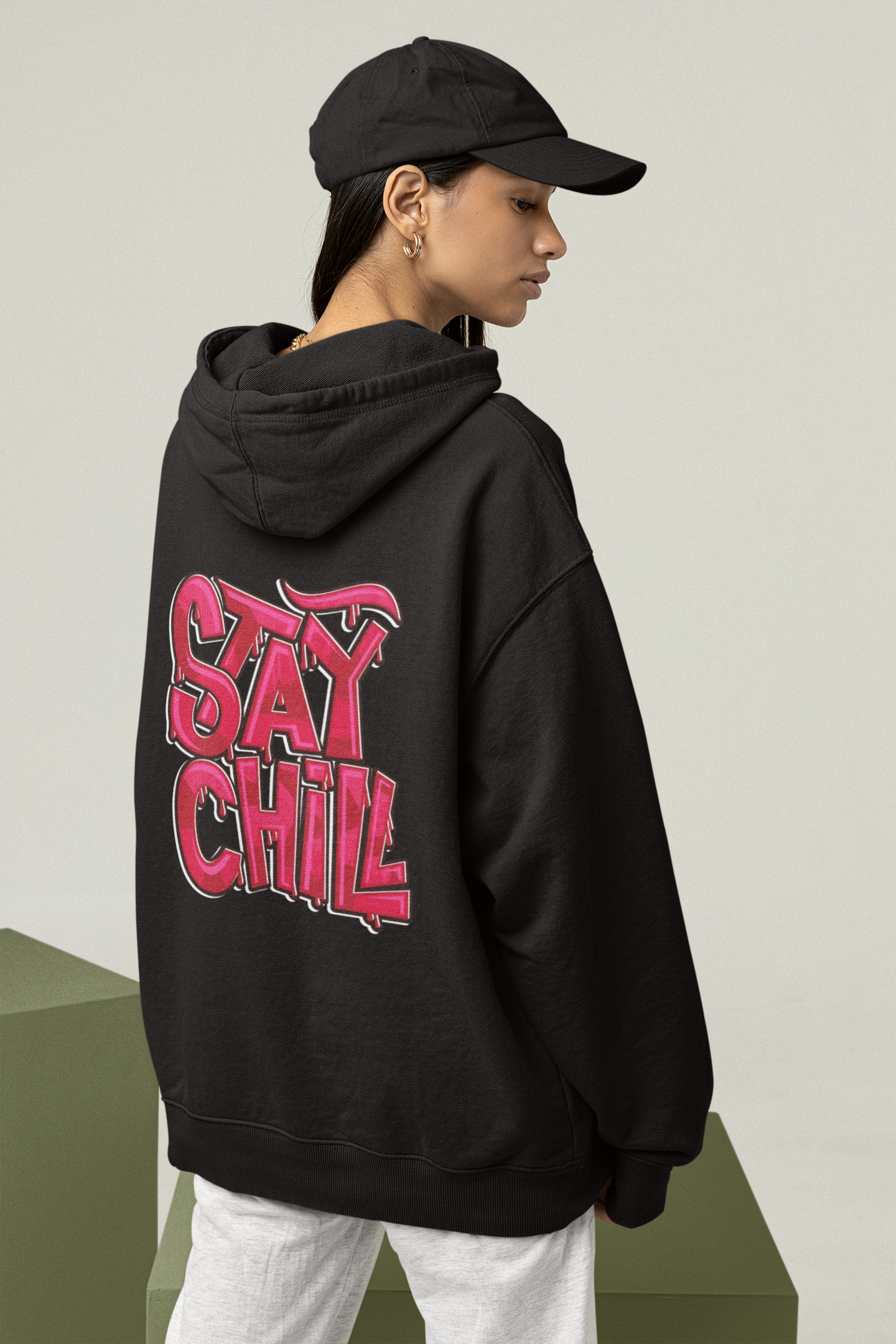 STAY CHILL Streetwear Backprint - Sudadera unisex extragrande con capucha de algodón orgánico Slammer para adulto SH