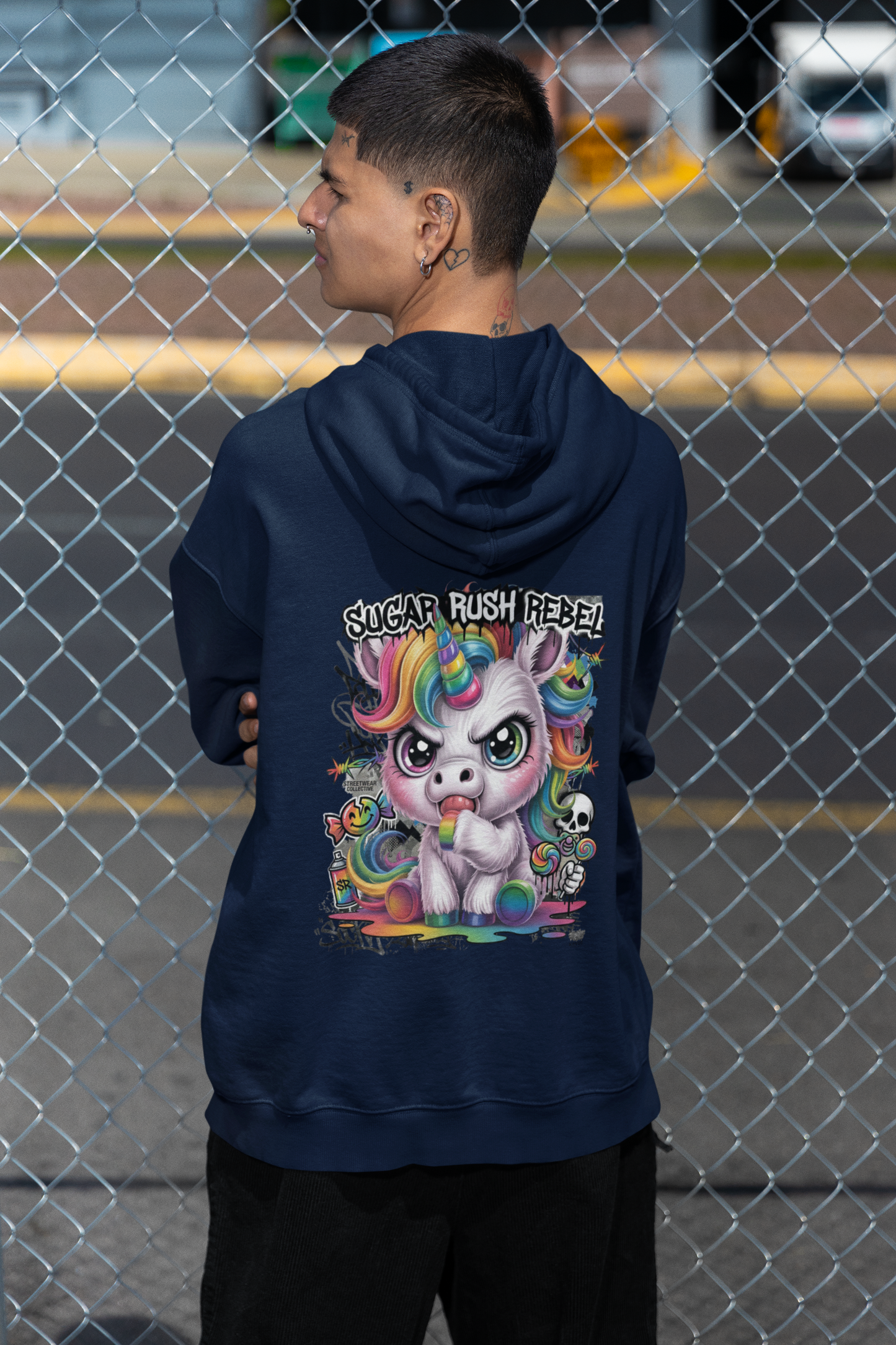 KRYOT Sugar Rush Rebel Hoodie Backprint Einhorn - Unisex Heavyweight Oversized Streetwear 350 GSM Bio-Baumwolle