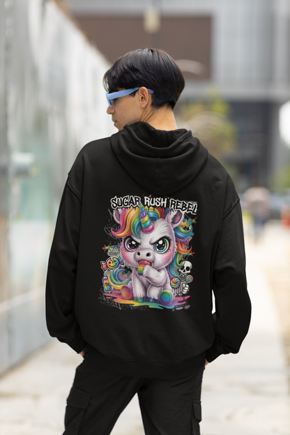 KRYOT Sugar Rush Rebel Hoodie Backprint Einhorn - Unisex Heavyweight Oversized Streetwear 350 GSM Bio-Baumwolle