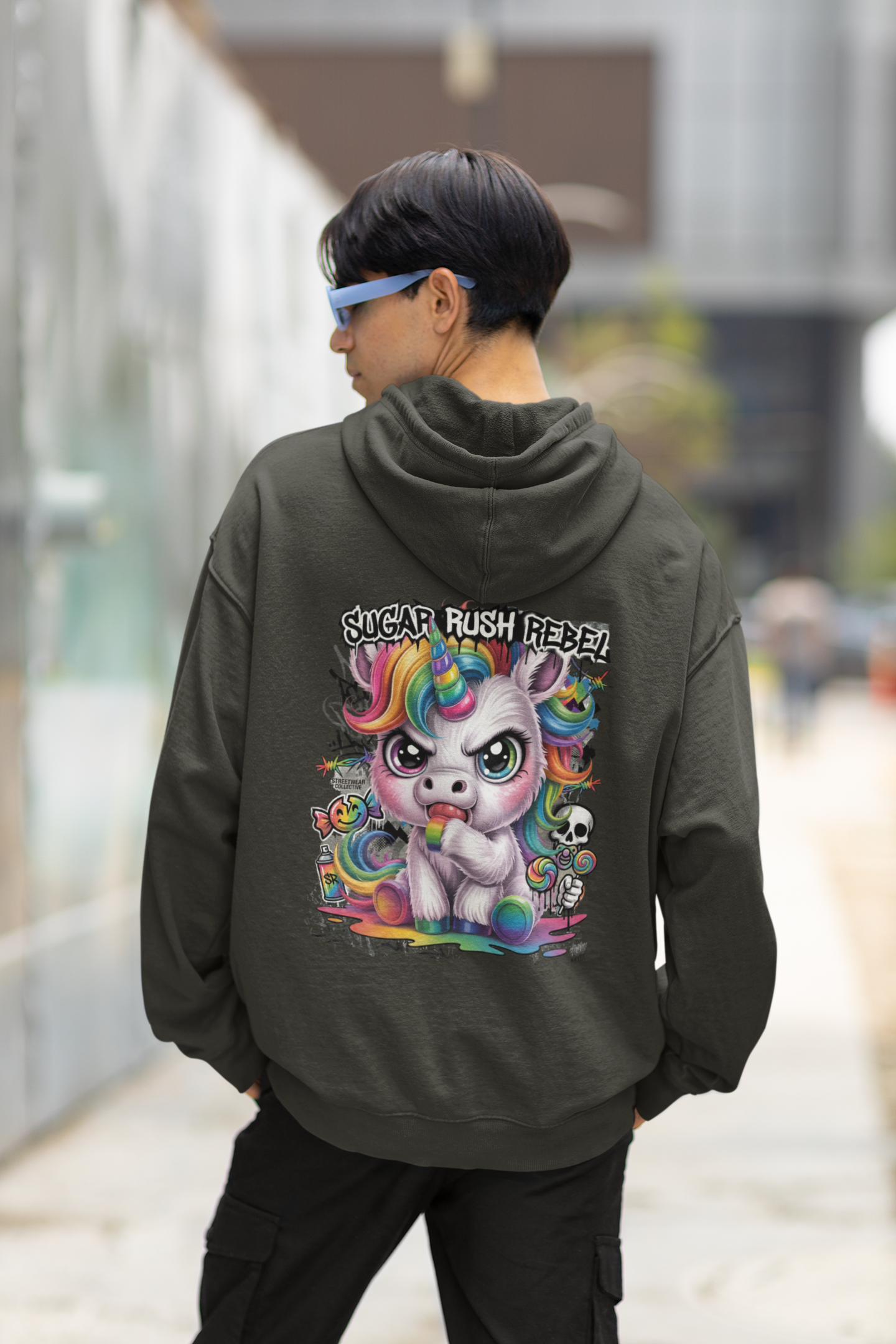 KRYOT Sugar Rush Rebel Hoodie Backprint Einhorn - Unisex Heavyweight Oversized Streetwear 350 GSM Bio-Baumwolle