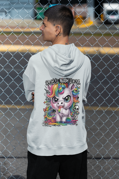 KRYOT Sugar Rush Rebel Hoodie Backprint Einhorn - Unisex Heavyweight Oversized Streetwear 350 GSM Bio-Baumwolle