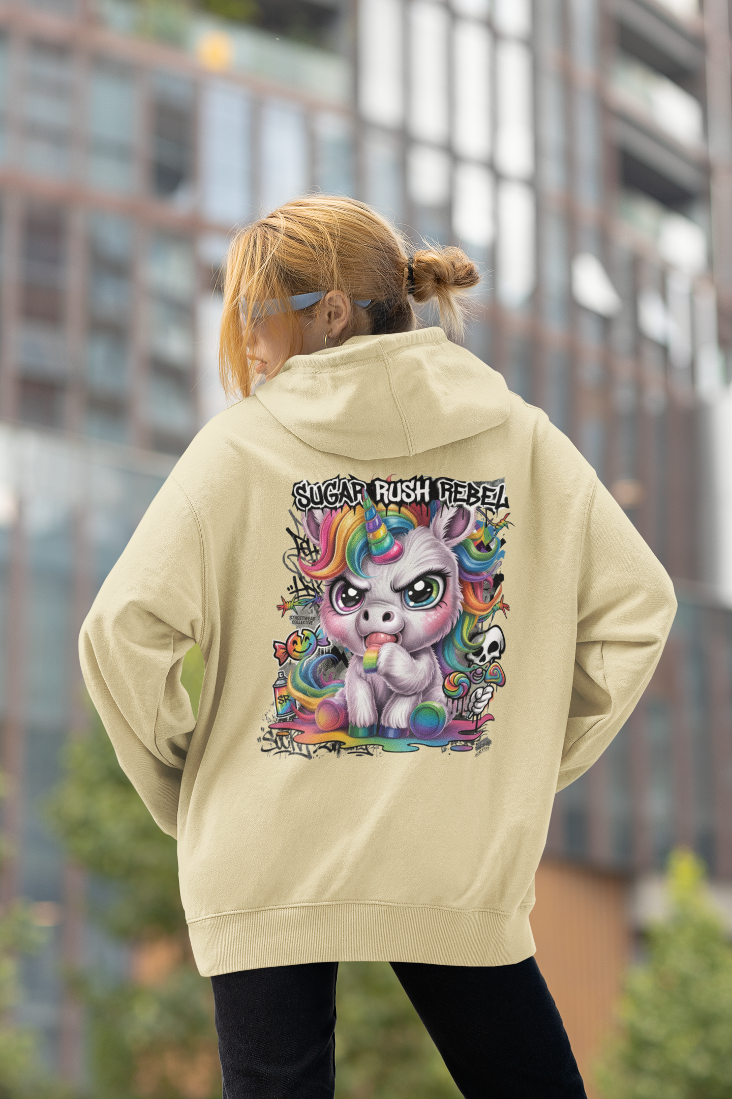 KRYOT Sugar Rush Rebel Hoodie Backprint Einhorn - Unisex Heavyweight Oversized Streetwear 350 GSM Bio-Baumwolle