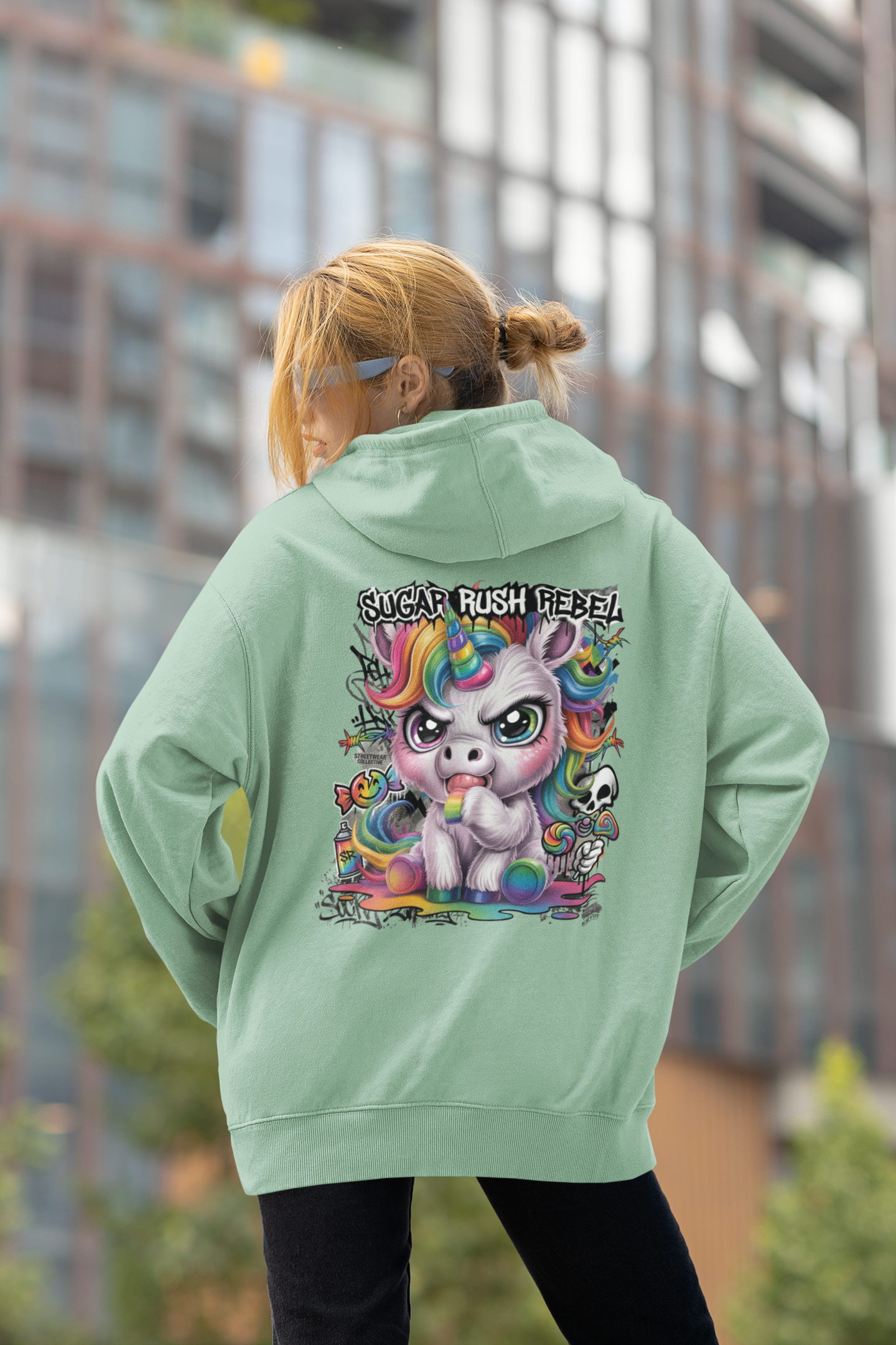 KRYOT Sugar Rush Rebel Hoodie Backprint Einhorn - Unisex Heavyweight Oversized Streetwear 350 GSM Bio-Baumwolle